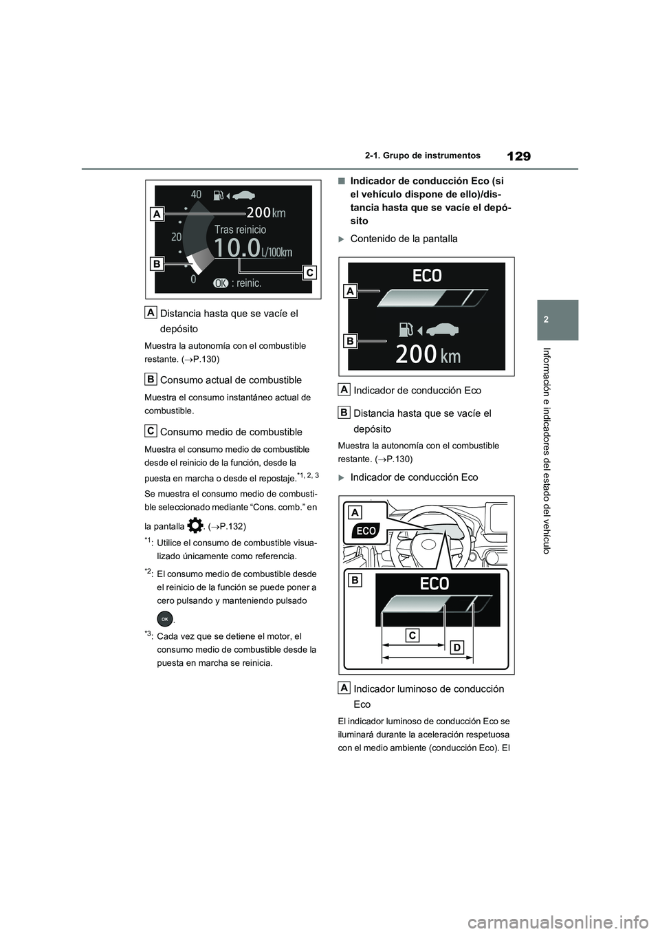 TOYOTA RAV4 2020 Manual del propietario (in Spanish) 129
2 2-1. Grupo de instrumentos
Información e indicadores del estado del vehículo
Distancia hasta que se vacíe el
depósito
Muestra la autonomía con el combustible
restante. (P.130)
Consumo TOYOTA RAV4 2020 Manual del propietario (in Spanish) 129
2 2-1. Grupo de instrumentos
Información e indicadores del estado del vehículo
Distancia hasta que se vacíe el
depósito
Muestra la autonomía con el combustible
restante. (P.130)
Consumo