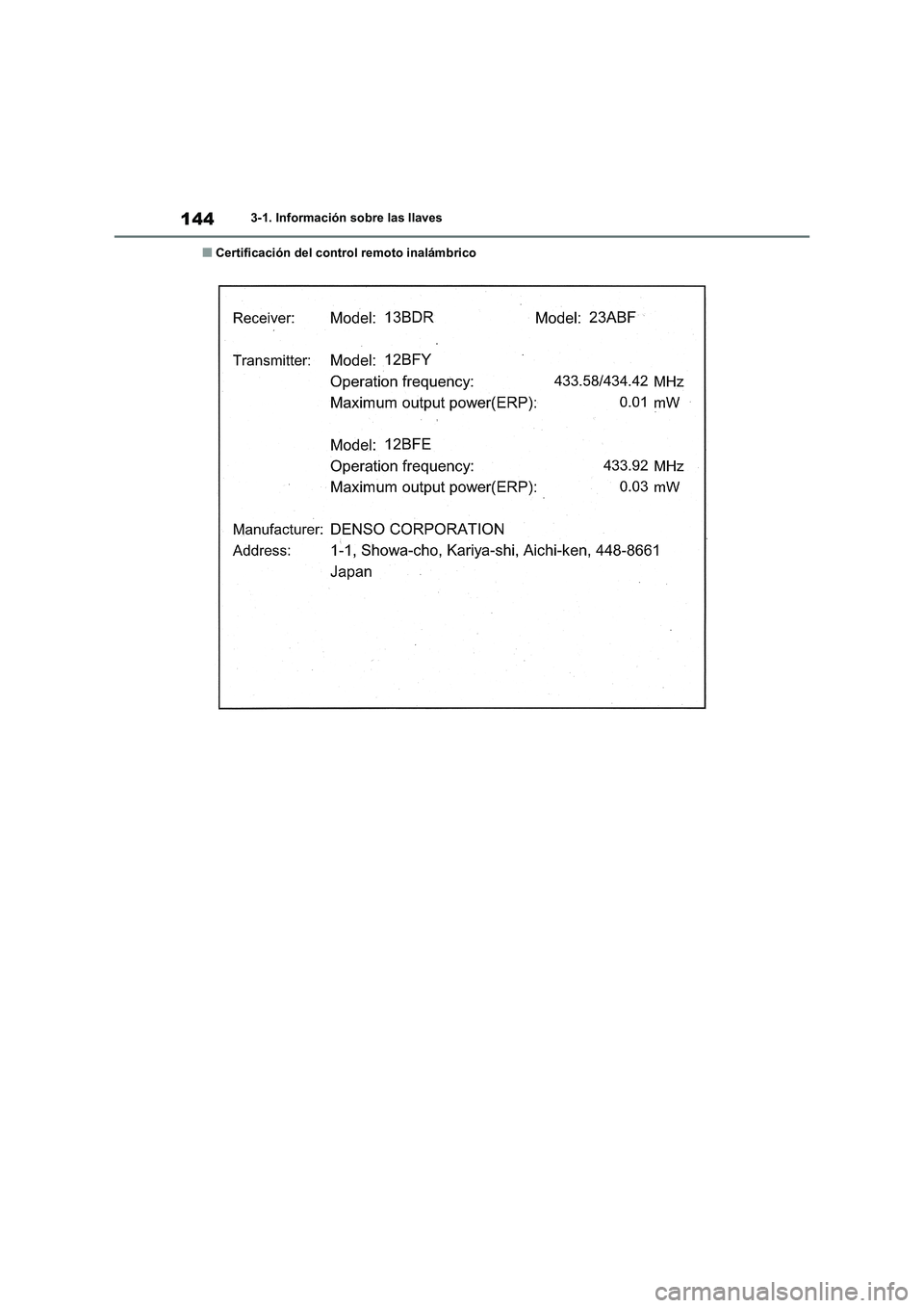 TOYOTA RAV4 2020  Manual del propietario (in Spanish) 1443-1. Información sobre las llaves
■Certificación del control remoto inalámbrico 