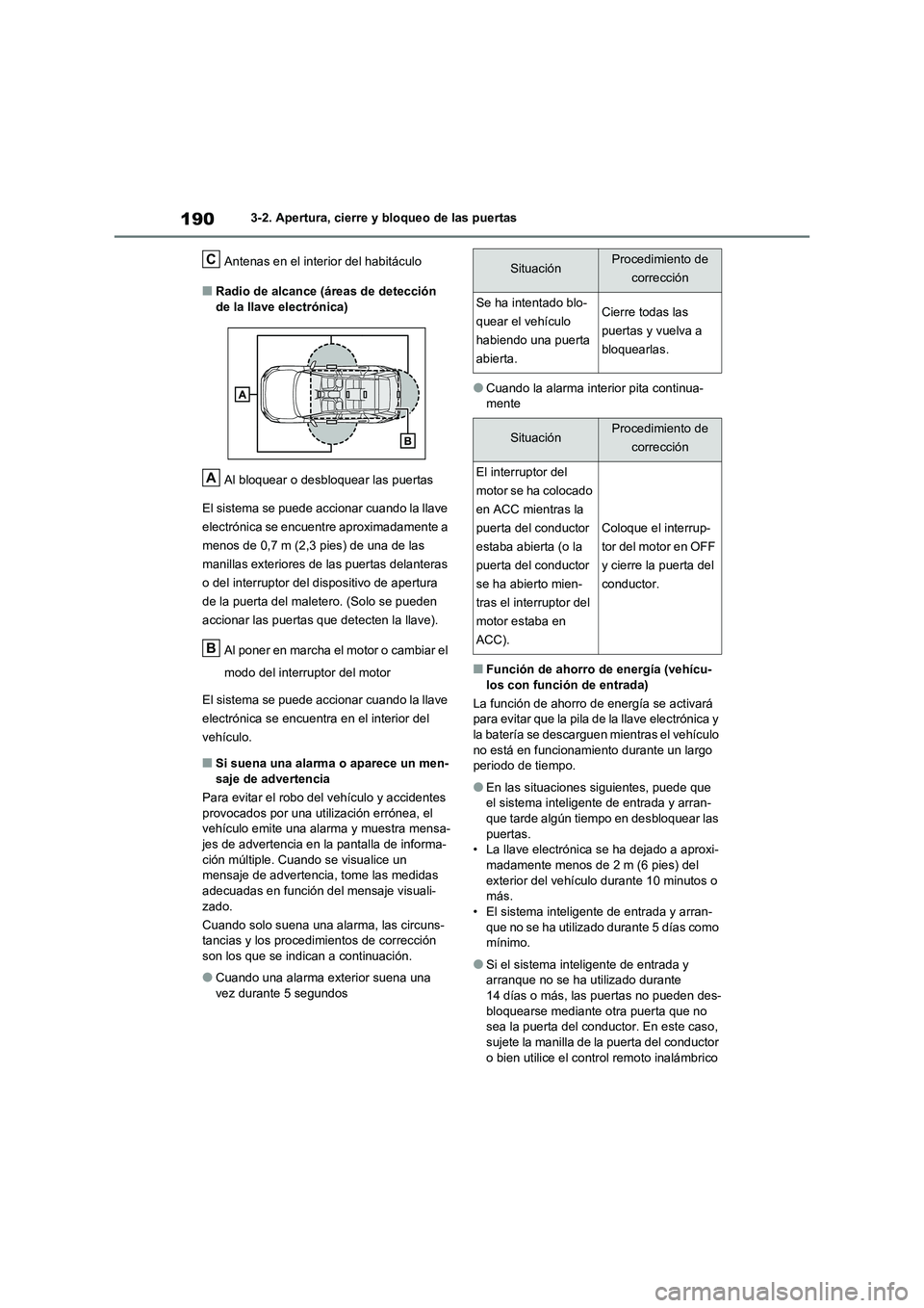 TOYOTA RAV4 2020 Manual del propietario (in Spanish) 1903-2. Apertura, cierre y bloqueo de las puertas
Antenas en el interior del habitáculo
■Radio de alcance (áreas de detección
de la llave electrónica)
Al bloquear o desbloquear las puertas
TOYOTA RAV4 2020 Manual del propietario (in Spanish) 1903-2. Apertura, cierre y bloqueo de las puertas
Antenas en el interior del habitáculo
■Radio de alcance (áreas de detección
de la llave electrónica)
Al bloquear o desbloquear las puertas