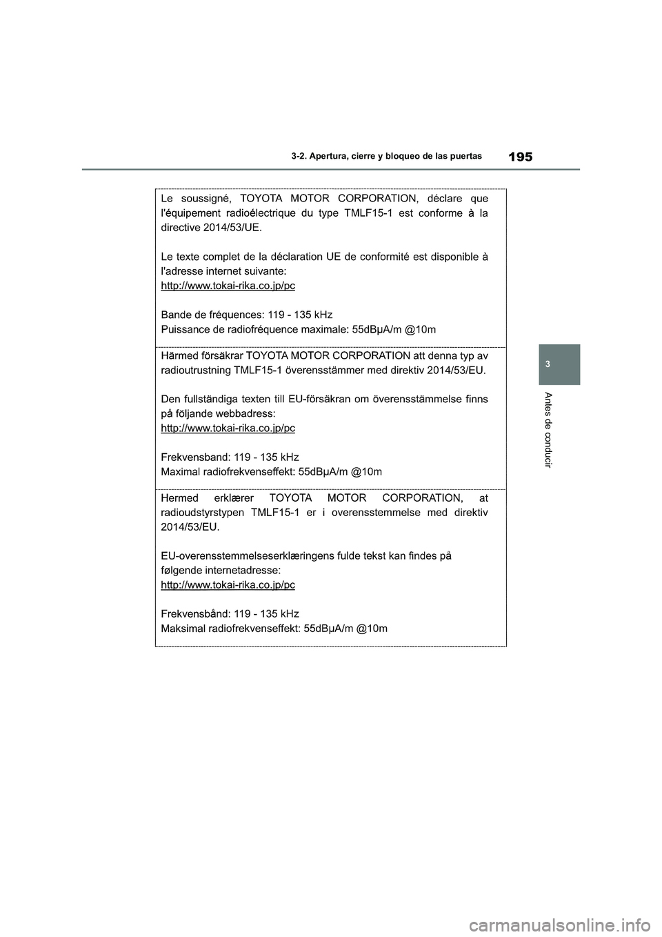 TOYOTA RAV4 2020  Manual del propietario (in Spanish) 195
3 3-2. Apertura, cierre y bloqueo de las puertas
Antes de conducir 
