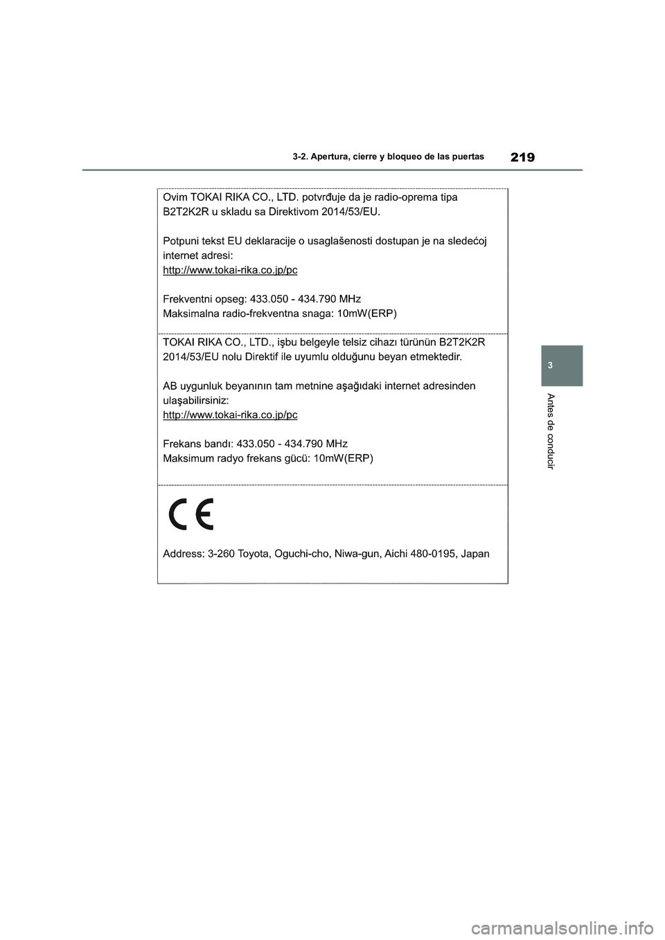 TOYOTA RAV4 2020  Manual del propietario (in Spanish) 219
3 3-2. Apertura, cierre y bloqueo de las puertas
Antes de conducir 