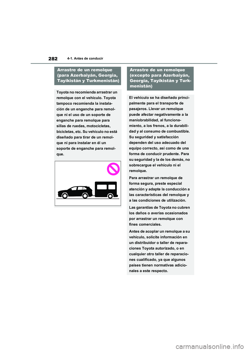 TOYOTA RAV4 2020 Manual del propietario (in Spanish) 2824-1. Antes de conducir
Arrastre de un remolque
(para Azerbaiyán, Georgia,
Tayikistán y Turkmenistán)
Toyota no recomienda arrastrar un
remolque con el vehículo. Toyota
tampoco recomienda la TOYOTA RAV4 2020 Manual del propietario (in Spanish) 2824-1. Antes de conducir
Arrastre de un remolque
(para Azerbaiyán, Georgia,
Tayikistán y Turkmenistán)
Toyota no recomienda arrastrar un
remolque con el vehículo. Toyota
tampoco recomienda la