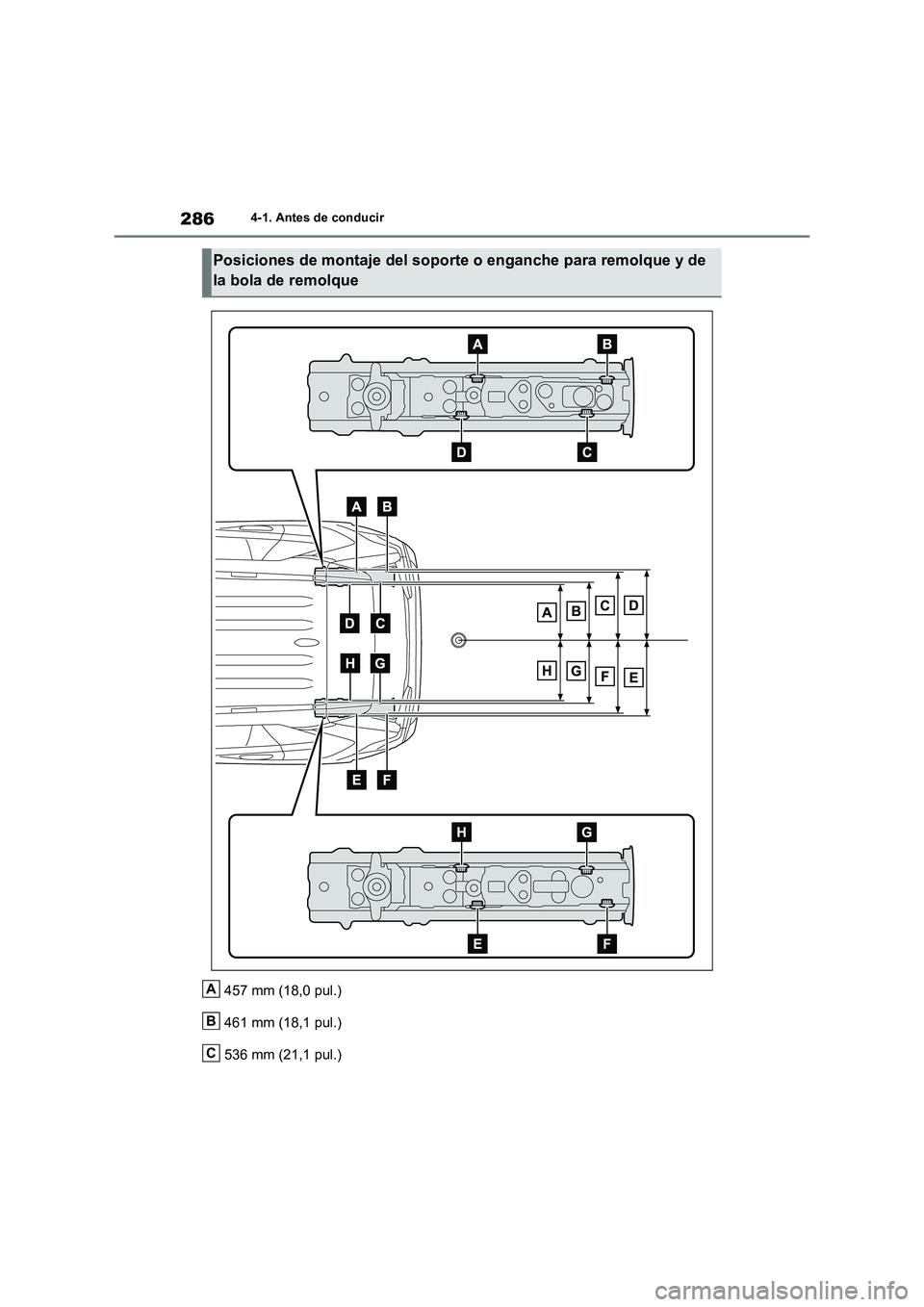 TOYOTA RAV4 2020  Manual del propietario (in Spanish) 2864-1. Antes de conducir
457 mm (18,0 pul.)
461 mm (18,1 pul.)
536 mm (21,1 pul.)
Posiciones de montaje del soporte o enganche para remolque y de 
la bola de remolque
A
B
C 
