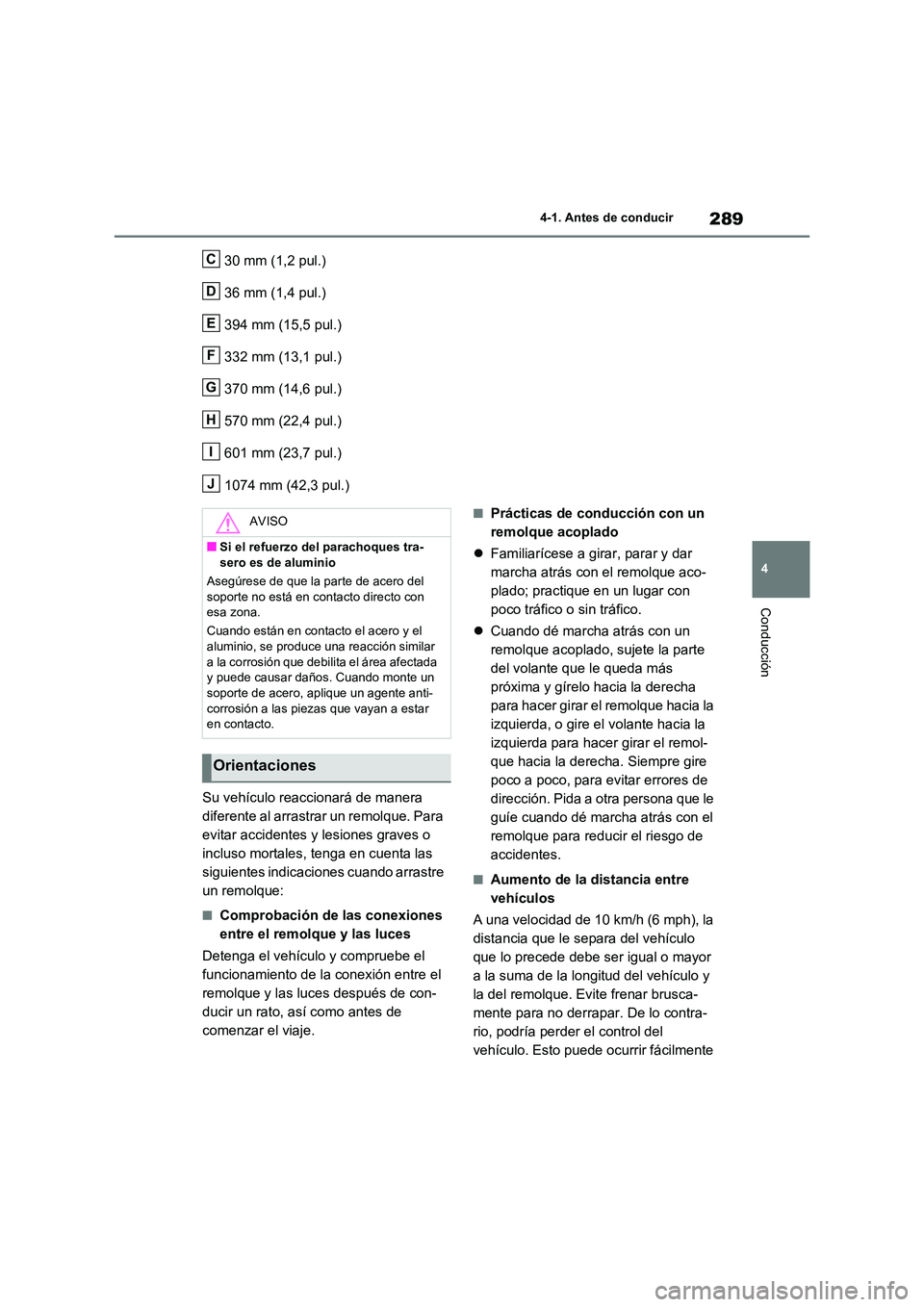 TOYOTA RAV4 2020 Manual del propietario (in Spanish) 289
4
4-1. Antes de conducir
Conducción
30 mm (1,2 pul.)
36 mm (1,4 pul.)
394 mm (15,5 pul.)
332 mm (13,1 pul.)
370 mm (14,6 pul.)
570 mm (22,4 pul.)
601 mm (23,7 pul.)
1074 mm (42,3 pul.)
Su TOYOTA RAV4 2020 Manual del propietario (in Spanish) 289
4
4-1. Antes de conducir
Conducción
30 mm (1,2 pul.)
36 mm (1,4 pul.)
394 mm (15,5 pul.)
332 mm (13,1 pul.)
370 mm (14,6 pul.)
570 mm (22,4 pul.)
601 mm (23,7 pul.)
1074 mm (42,3 pul.)
Su