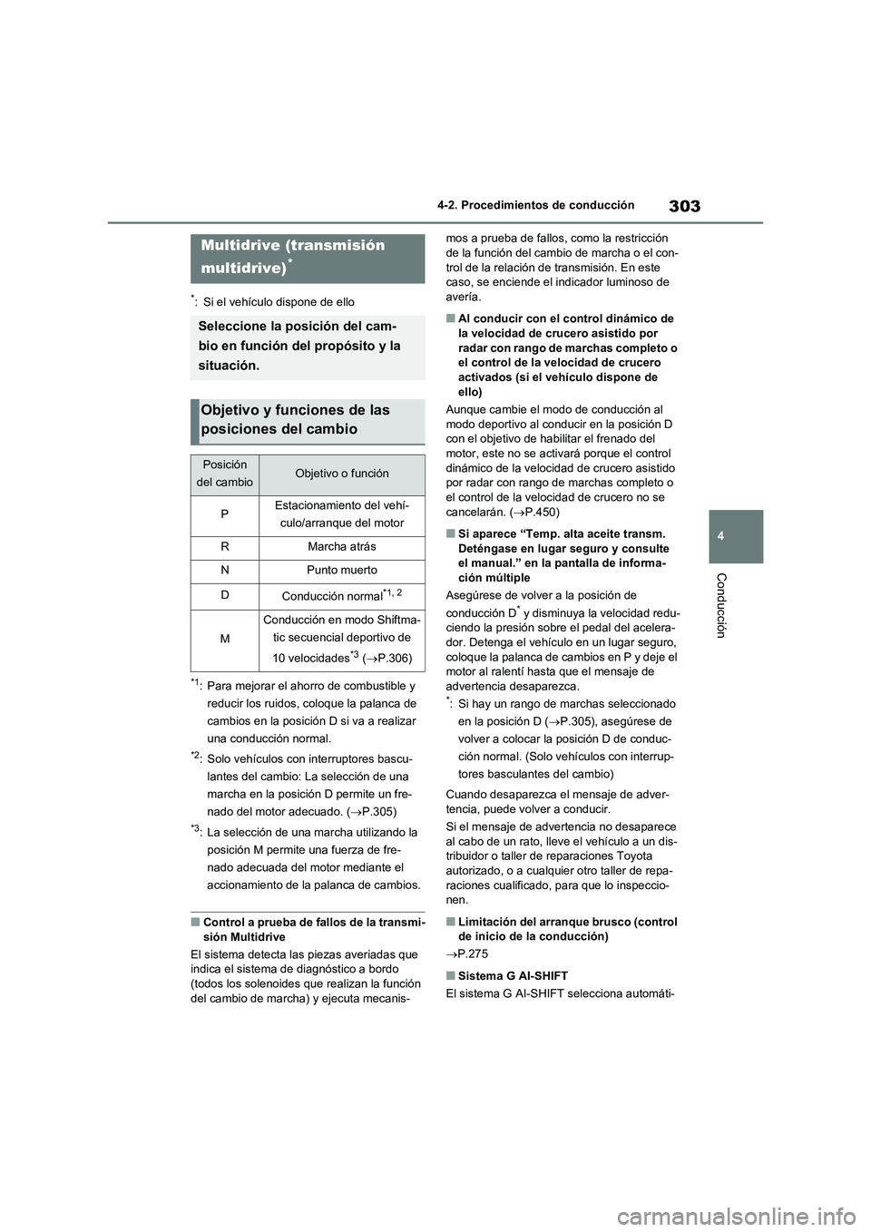 TOYOTA RAV4 2020 Manual del propietario (in Spanish) 303
4 4-2. Procedimientos de conducción
Conducción
*: Si el vehículo dispone de ello
*1: Para mejorar el ahorro de combustible y
reducir los ruidos, coloque la palanca de
cambios en la posición TOYOTA RAV4 2020 Manual del propietario (in Spanish) 303
4 4-2. Procedimientos de conducción
Conducción
*: Si el vehículo dispone de ello
*1: Para mejorar el ahorro de combustible y
reducir los ruidos, coloque la palanca de
cambios en la posición