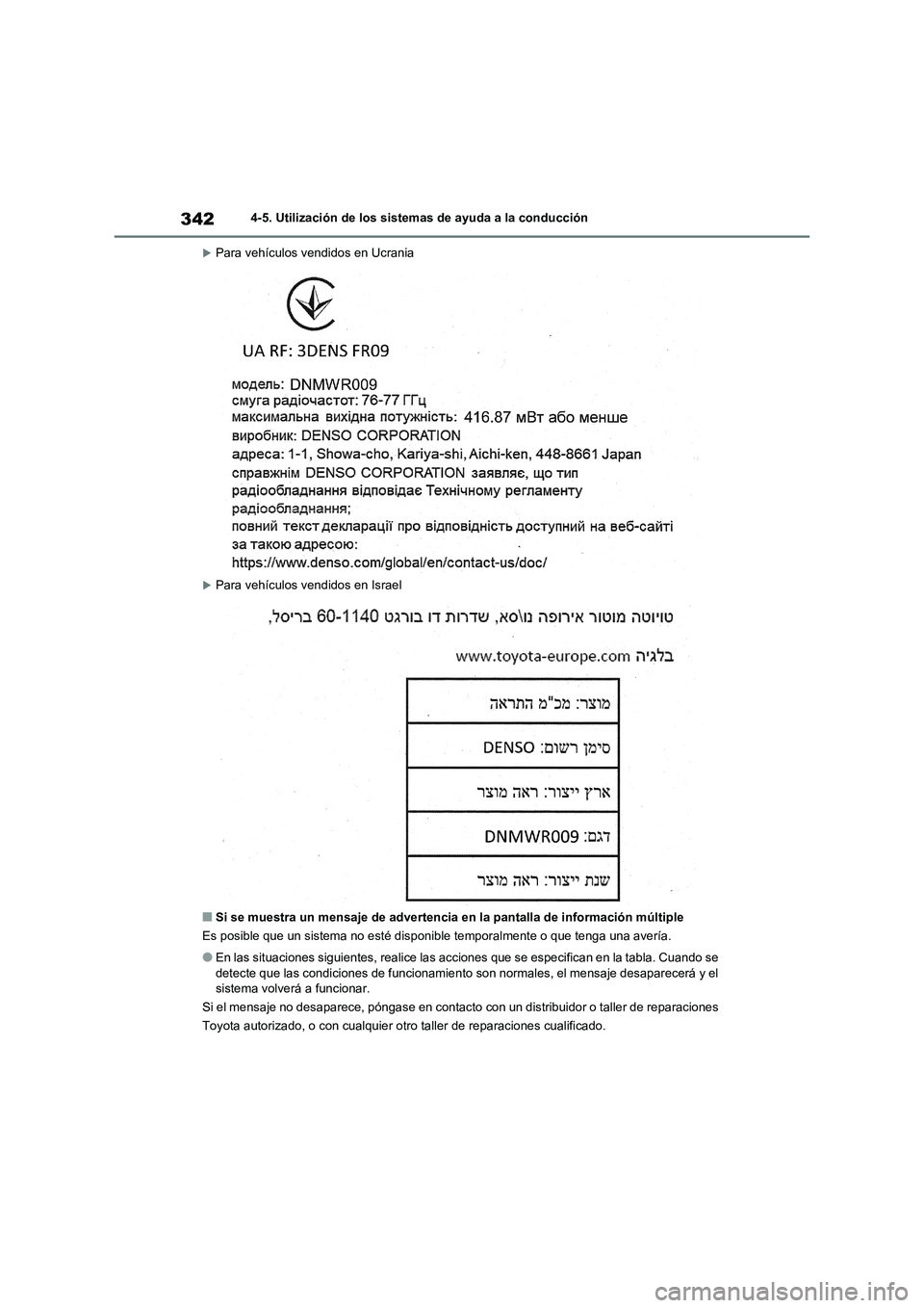 TOYOTA RAV4 2020  Manual del propietario (in Spanish) 3424-5. Utilización de los sistemas de ayuda a la conducción
Para vehículos vendidos en Ucrania
Para vehículos vendidos en Israel
■Si se muestra un mensaje de advertencia en la pantalla de