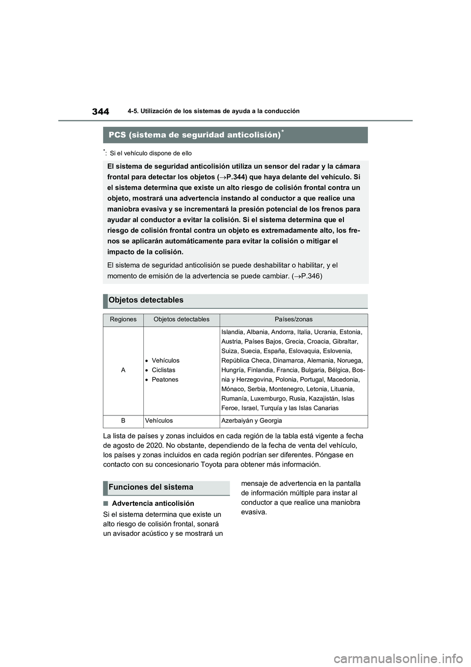 TOYOTA RAV4 2020  Manual del propietario (in Spanish) 3444-5. Utilización de los sistemas de ayuda a la conducción
*: Si el vehículo dispone de ello
La lista de países y zonas incluidos en cada región de la tabla está vigente a fecha 
de agosto de 