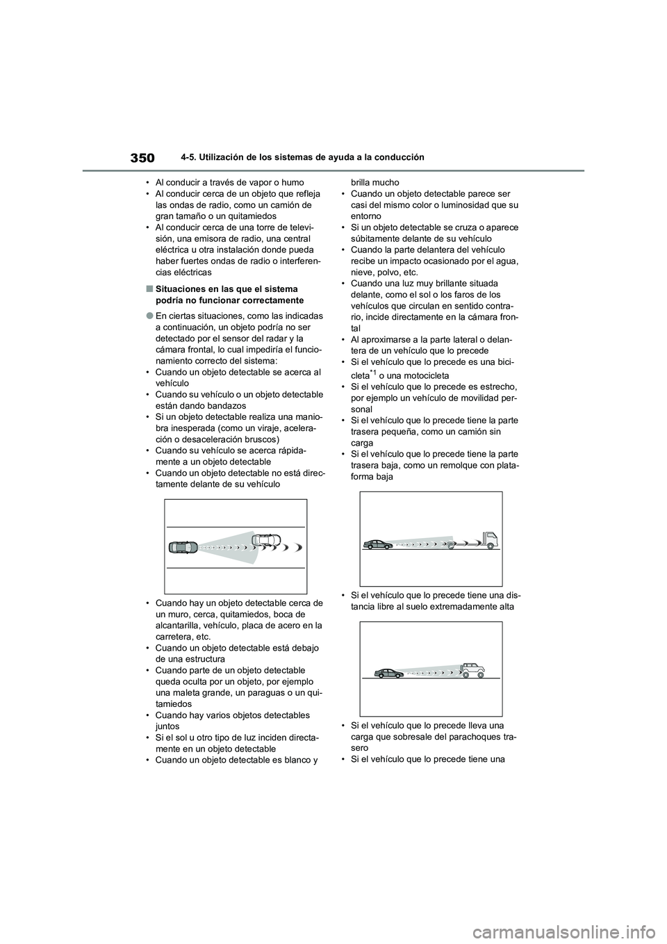 TOYOTA RAV4 2020 Manual del propietario (in Spanish) 3504-5. Utilización de los sistemas de ayuda a la conducción
• Al conducir a través de vapor o humo
• Al conducir cerca de un objeto que refleja
las ondas de radio, como un camión de
gran ta TOYOTA RAV4 2020 Manual del propietario (in Spanish) 3504-5. Utilización de los sistemas de ayuda a la conducción
• Al conducir a través de vapor o humo
• Al conducir cerca de un objeto que refleja
las ondas de radio, como un camión de
gran ta