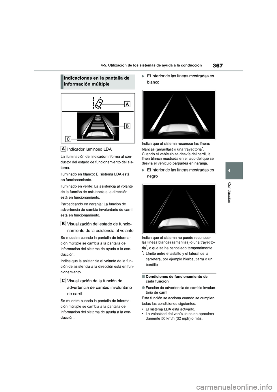 TOYOTA RAV4 2020 Manual del propietario (in Spanish) 367
4 4-5. Utilización de los sistemas de ayuda a la conducción
Conducción
Indicador luminoso LDA
La iluminación del indicador informa al con-
ductor del estado de funcionamiento del sis-
tema.
Il TOYOTA RAV4 2020 Manual del propietario (in Spanish) 367
4 4-5. Utilización de los sistemas de ayuda a la conducción
Conducción
Indicador luminoso LDA
La iluminación del indicador informa al con-
ductor del estado de funcionamiento del sis-
tema.
Il