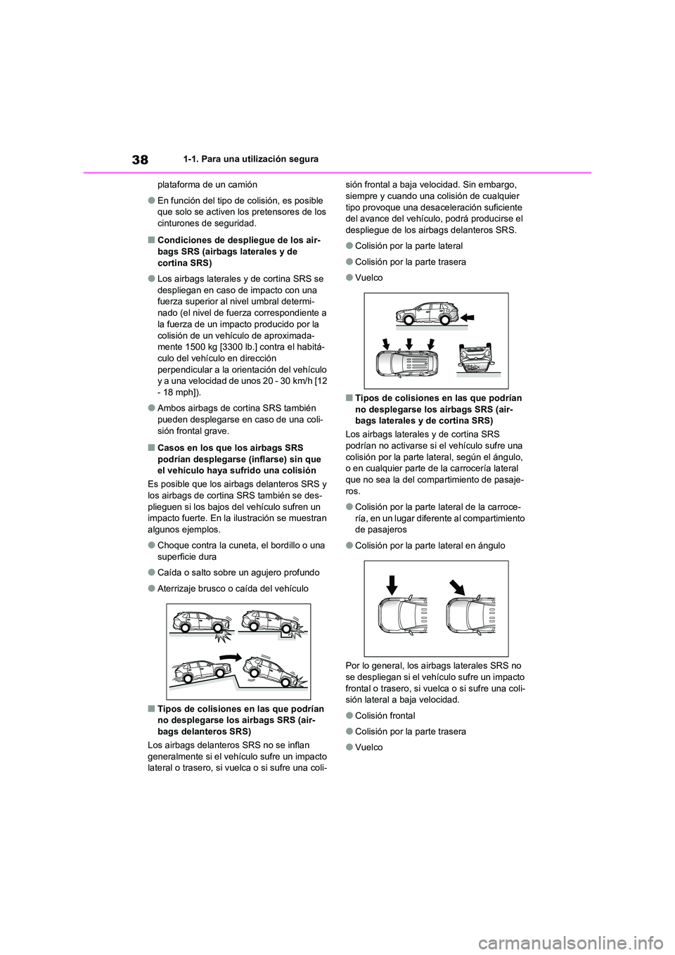 TOYOTA RAV4 2020 Manual del propietario (in Spanish) 381-1. Para una utilización segura
plataforma de un camión
●En función del tipo de colisión, es posible
que solo se activen los pretensores de los cinturones de seguridad.
■Condiciones de TOYOTA RAV4 2020 Manual del propietario (in Spanish) 381-1. Para una utilización segura
plataforma de un camión
●En función del tipo de colisión, es posible
que solo se activen los pretensores de los cinturones de seguridad.
■Condiciones de