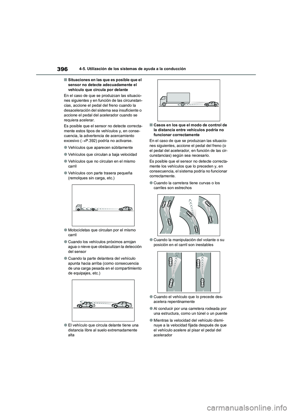 TOYOTA RAV4 2020 Manual del propietario (in Spanish) 3964-5. Utilización de los sistemas de ayuda a la conducción
■Situaciones en las que es posible que el sensor no detecte adecuadamente el
vehículo que circula por delante
En el caso de que se TOYOTA RAV4 2020 Manual del propietario (in Spanish) 3964-5. Utilización de los sistemas de ayuda a la conducción
■Situaciones en las que es posible que el sensor no detecte adecuadamente el
vehículo que circula por delante
En el caso de que se