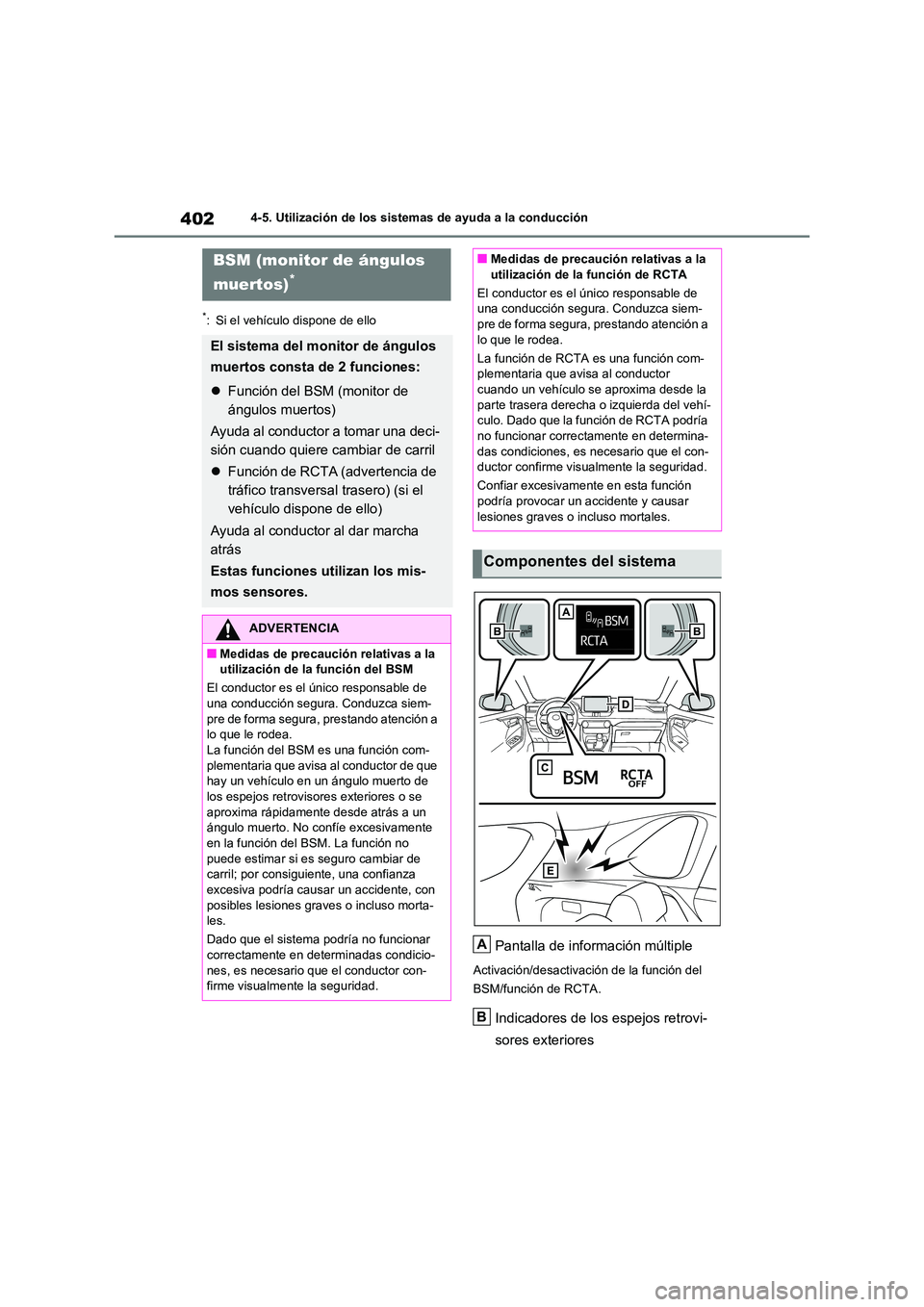 TOYOTA RAV4 2020 Manual del propietario (in Spanish) 4024-5. Utilización de los sistemas de ayuda a la conducción
*: Si el vehículo dispone de ello
Pantalla de información múltiple
Activación/desactivación de la función del
BSM/función de RCT TOYOTA RAV4 2020 Manual del propietario (in Spanish) 4024-5. Utilización de los sistemas de ayuda a la conducción
*: Si el vehículo dispone de ello
Pantalla de información múltiple
Activación/desactivación de la función del
BSM/función de RCT