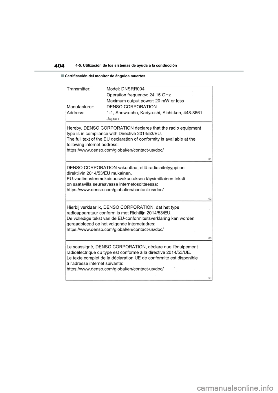 TOYOTA RAV4 2020  Manual del propietario (in Spanish) 4044-5. Utilización de los sistemas de ayuda a la conducción
■Certificación del monitor de ángulos muertos 