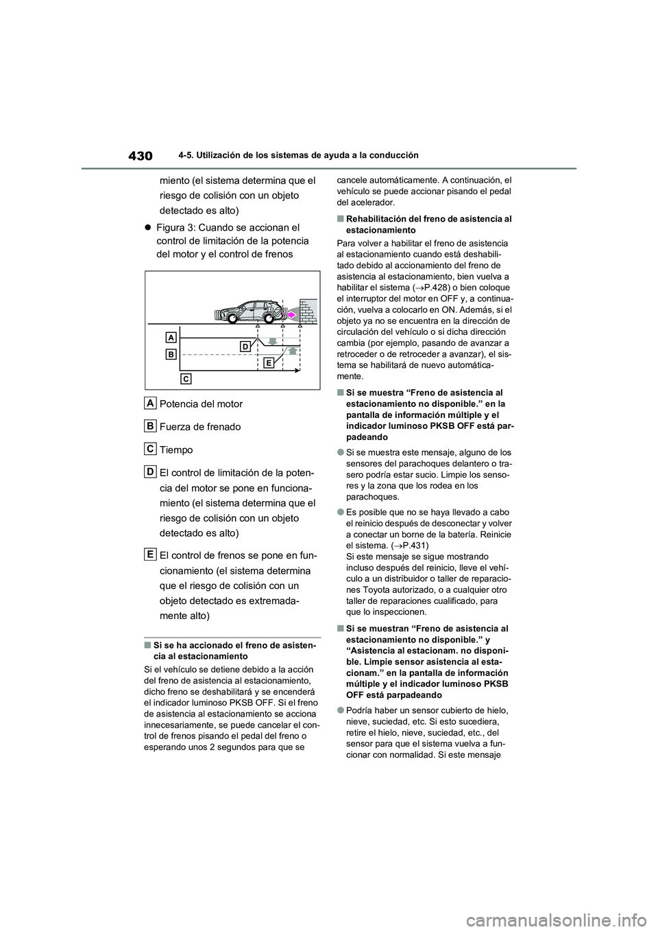 TOYOTA RAV4 2020 Manual del propietario (in Spanish) 4304-5. Utilización de los sistemas de ayuda a la conducción
miento (el sistema determina que el
riesgo de colisión con un objeto
detectado es alto)
Figura 3: Cuando se accionan el
control de TOYOTA RAV4 2020 Manual del propietario (in Spanish) 4304-5. Utilización de los sistemas de ayuda a la conducción
miento (el sistema determina que el
riesgo de colisión con un objeto
detectado es alto)
Figura 3: Cuando se accionan el
control de