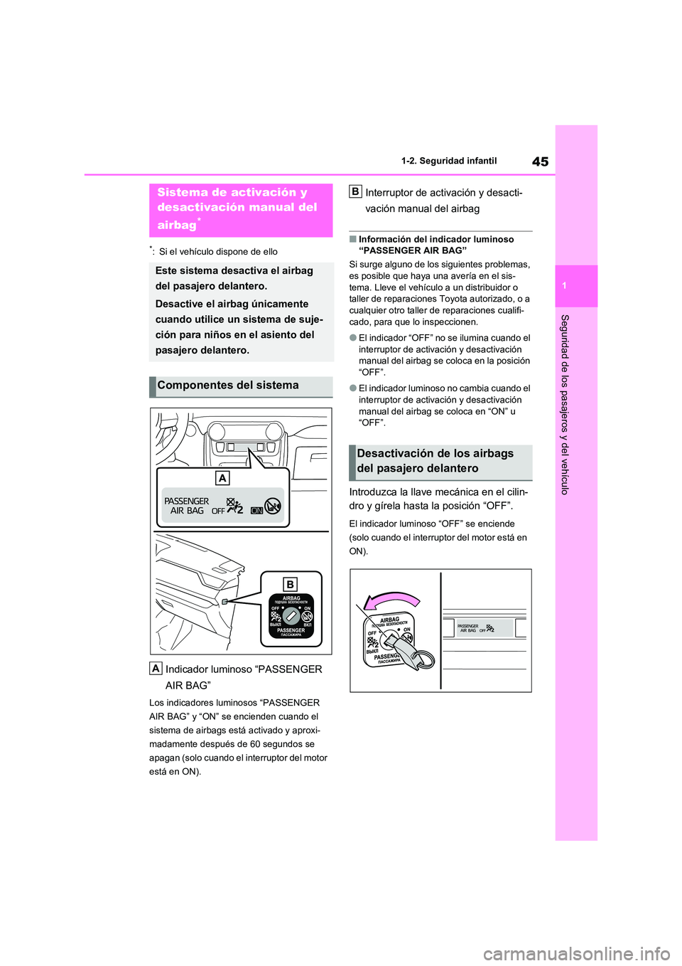 TOYOTA RAV4 2020 Manual del propietario (in Spanish) 45
1
1-2. Seguridad infantil
Seguridad de los pasajeros y del vehículo
1-2.Seguridad infantil
*: Si el vehículo dispone de ello
Indicador luminoso “PASSENGER
AIR BAG”
Los indicadores luminoso TOYOTA RAV4 2020 Manual del propietario (in Spanish) 45
1
1-2. Seguridad infantil
Seguridad de los pasajeros y del vehículo
1-2.Seguridad infantil
*: Si el vehículo dispone de ello
Indicador luminoso “PASSENGER
AIR BAG”
Los indicadores luminoso