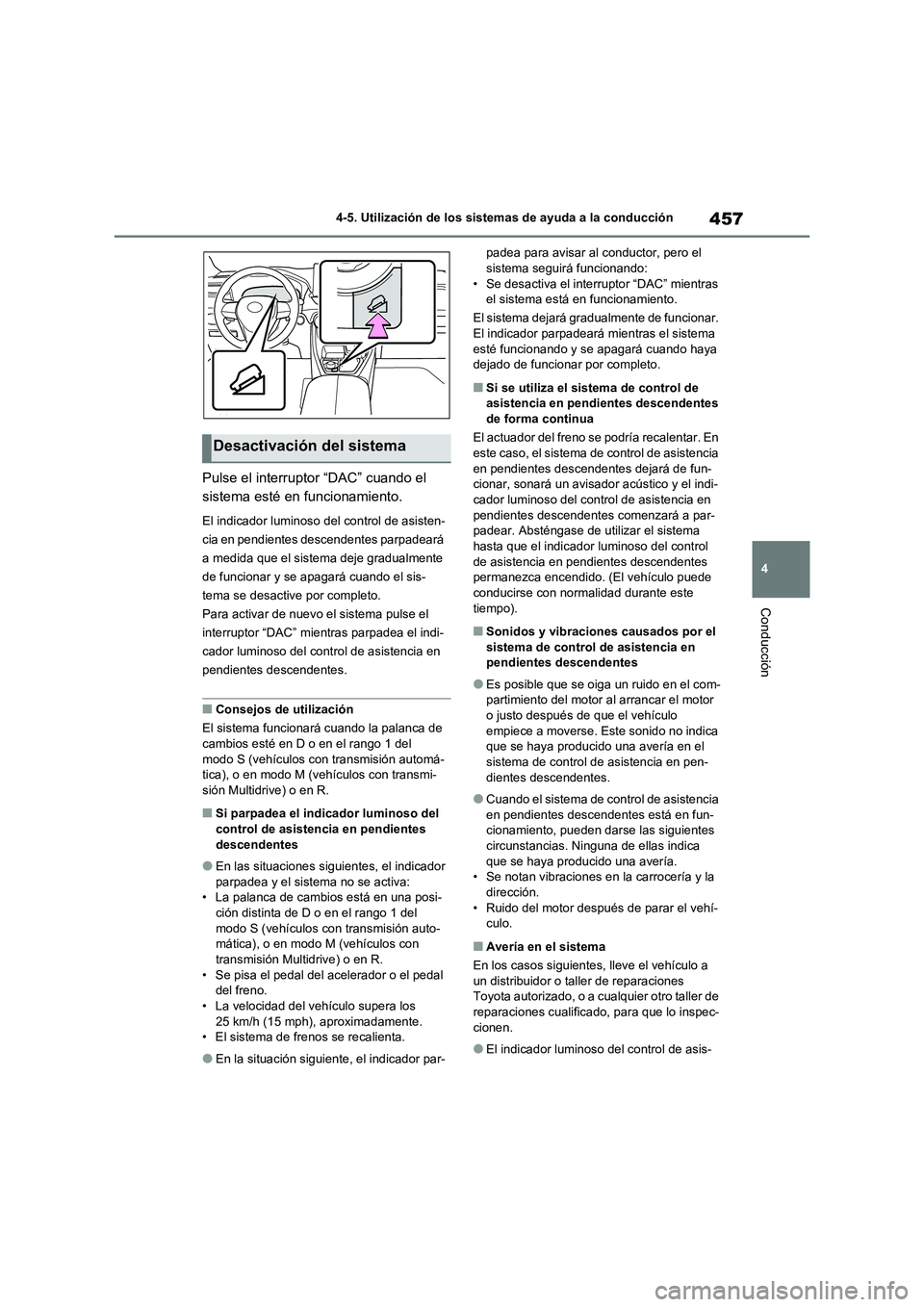 TOYOTA RAV4 2020 Manual del propietario (in Spanish) 457
4 4-5. Utilización de los sistemas de ayuda a la conducción
Conducción
Pulse el interruptor “DAC” cuando el
sistema esté en funcionamiento.
El indicador luminoso del control de asisten-
c TOYOTA RAV4 2020 Manual del propietario (in Spanish) 457
4 4-5. Utilización de los sistemas de ayuda a la conducción
Conducción
Pulse el interruptor “DAC” cuando el
sistema esté en funcionamiento.
El indicador luminoso del control de asisten-
c