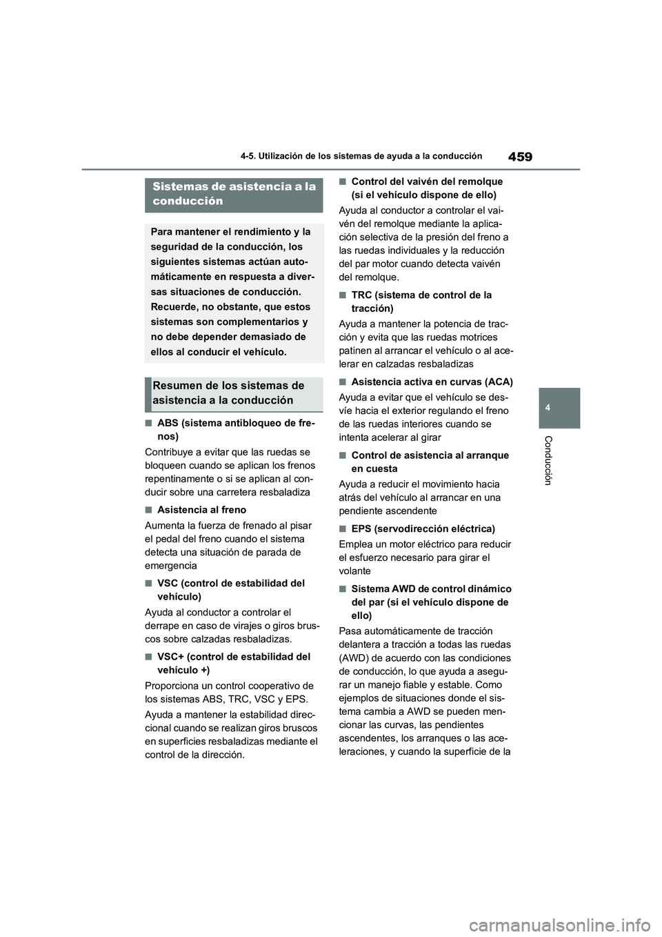 TOYOTA RAV4 2020 Manual del propietario (in Spanish) 459
4 4-5. Utilización de los sistemas de ayuda a la conducción
Conducción■ABS (sistema antibloqueo de fre-
nos)
Contribuye a evitar que las ruedas se
bloqueen cuando se aplican los frenos
repe TOYOTA RAV4 2020 Manual del propietario (in Spanish) 459
4 4-5. Utilización de los sistemas de ayuda a la conducción
Conducción■ABS (sistema antibloqueo de fre-
nos)
Contribuye a evitar que las ruedas se
bloqueen cuando se aplican los frenos
repe