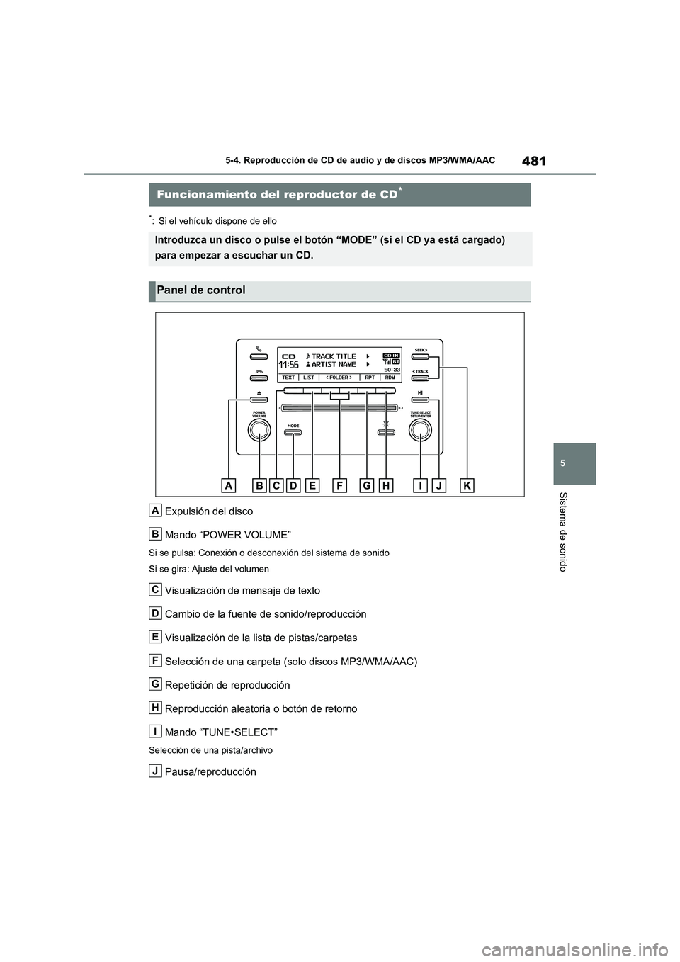 TOYOTA RAV4 2020  Manual del propietario (in Spanish) 481
5 5-4. Reproducción de CD de audio y de discos MP3/WMA/AAC
Sistema de sonido
5-4.Reproducción de CD de audio y de discos MP3/WMA/AAC
*: Si el vehículo dispone de ello
Expulsión del disco
Mando
