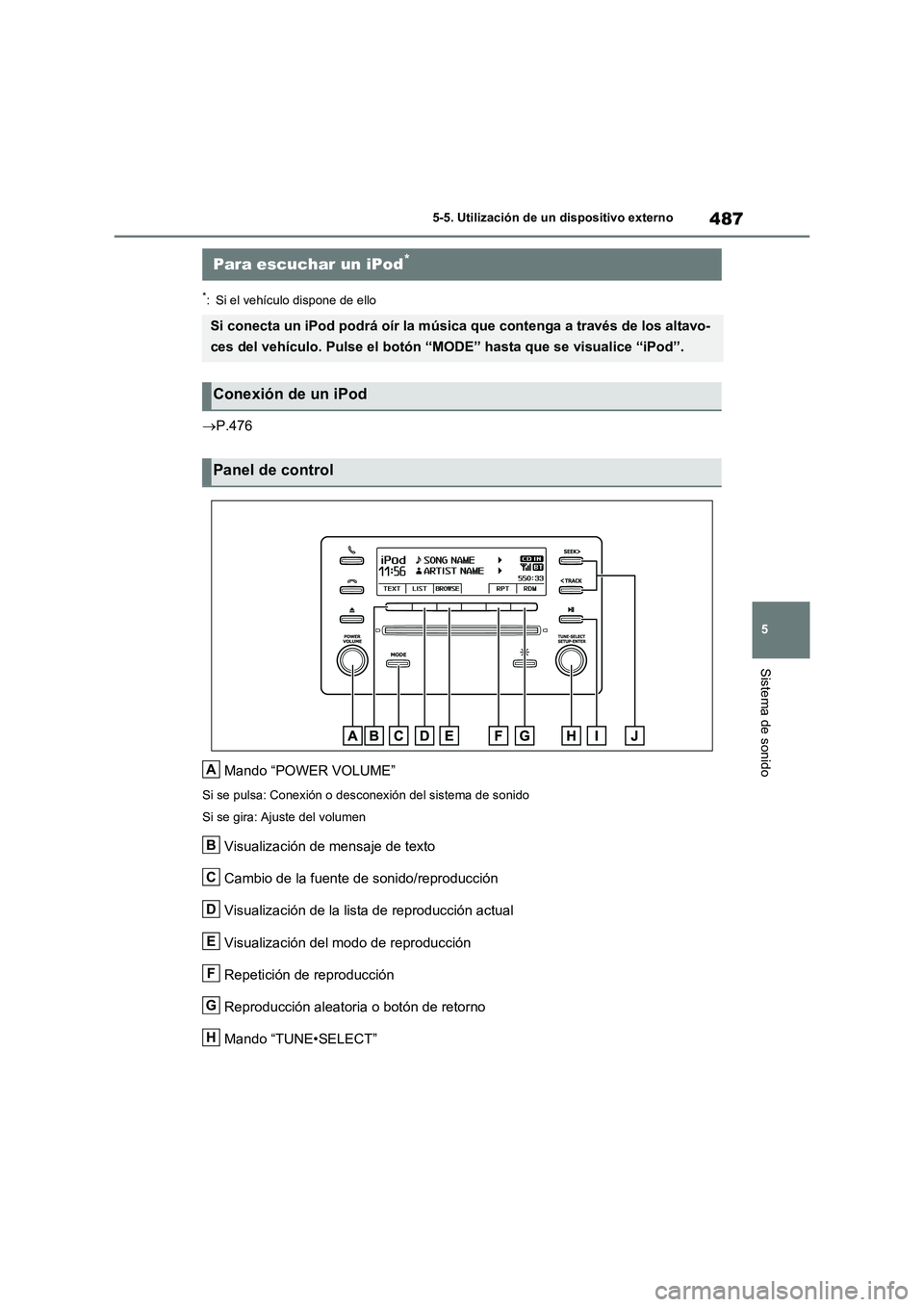 TOYOTA RAV4 2020  Manual del propietario (in Spanish) 487
5 5-5. Utilización de un dispositivo externo
Sistema de sonido
5-5.Utilización de un dispositivo externo
*: Si el vehículo dispone de ello
P.476
Mando “POWER VOLUME”
Si se pulsa: Conexi