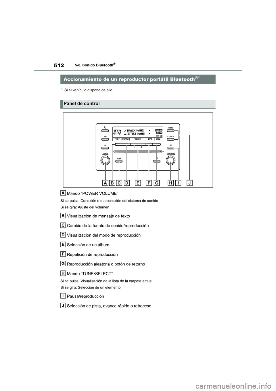 TOYOTA RAV4 2020  Manual del propietario (in Spanish) 5125-8. Sonido Bluetooth®
5-8.Sonido Bluetooth®
*: Si el vehículo dispone de ello
Mando “POWER VOLUME”
Si se pulsa: Conexión o desconexión del sistema de sonido
Si se gira: Ajuste del volumen