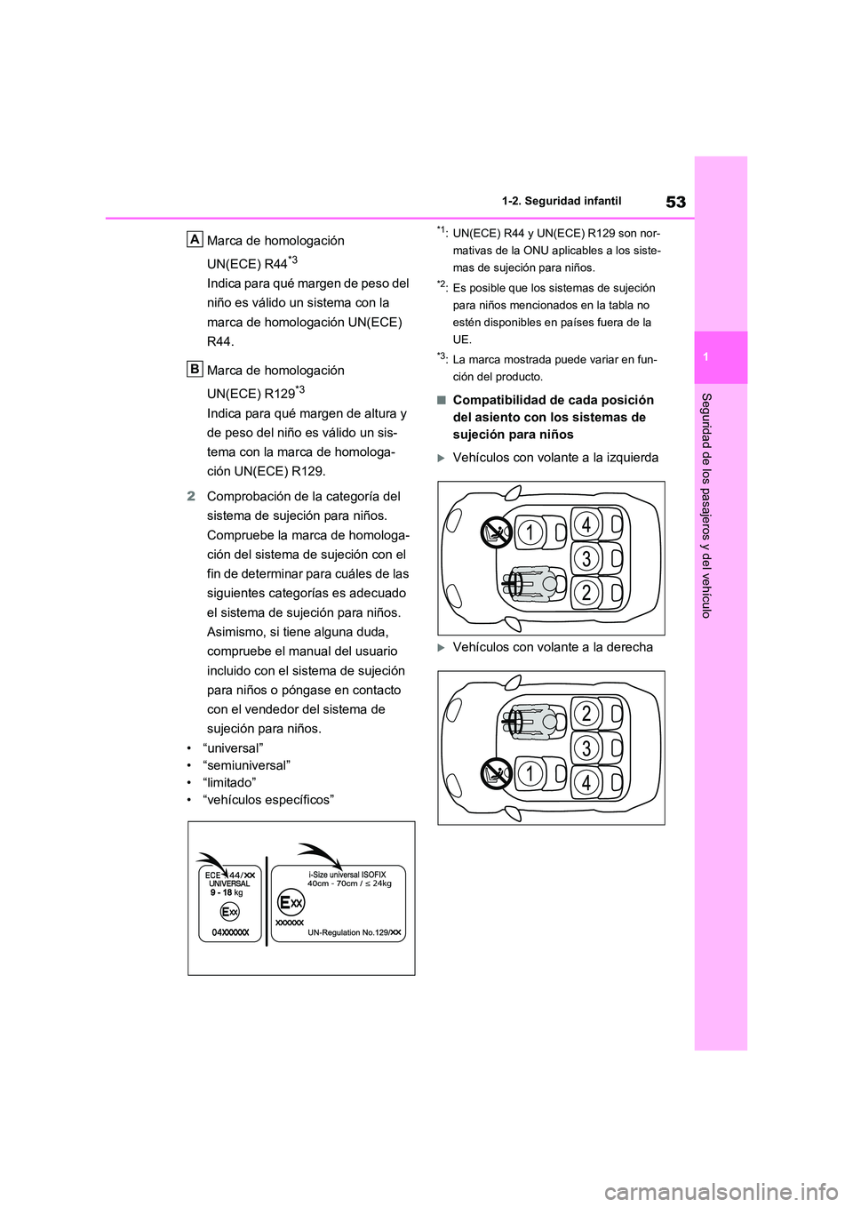 TOYOTA RAV4 2020 Manual del propietario (in Spanish) 53
1
1-2. Seguridad infantil
Seguridad de los pasajeros y del vehículo
Marca de homologación
UN(ECE) R44*3
Indica para qué margen de peso del
niño es válido un sistema con la
marca de homol TOYOTA RAV4 2020 Manual del propietario (in Spanish) 53
1
1-2. Seguridad infantil
Seguridad de los pasajeros y del vehículo
Marca de homologación
UN(ECE) R44*3
Indica para qué margen de peso del
niño es válido un sistema con la
marca de homol