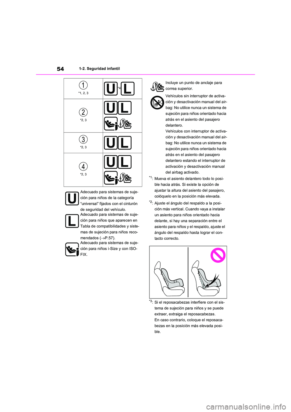 TOYOTA RAV4 2020 Manual del propietario (in Spanish) 541-2. Seguridad infantil
*1: Mueva el asiento delantero todo lo posi-
ble hacia atrás. Si existe la opción de
ajustar la altura del asiento del pasajero,
colóquelo en la posición más elevada. TOYOTA RAV4 2020 Manual del propietario (in Spanish) 541-2. Seguridad infantil
*1: Mueva el asiento delantero todo lo posi-
ble hacia atrás. Si existe la opción de
ajustar la altura del asiento del pasajero,
colóquelo en la posición más elevada.