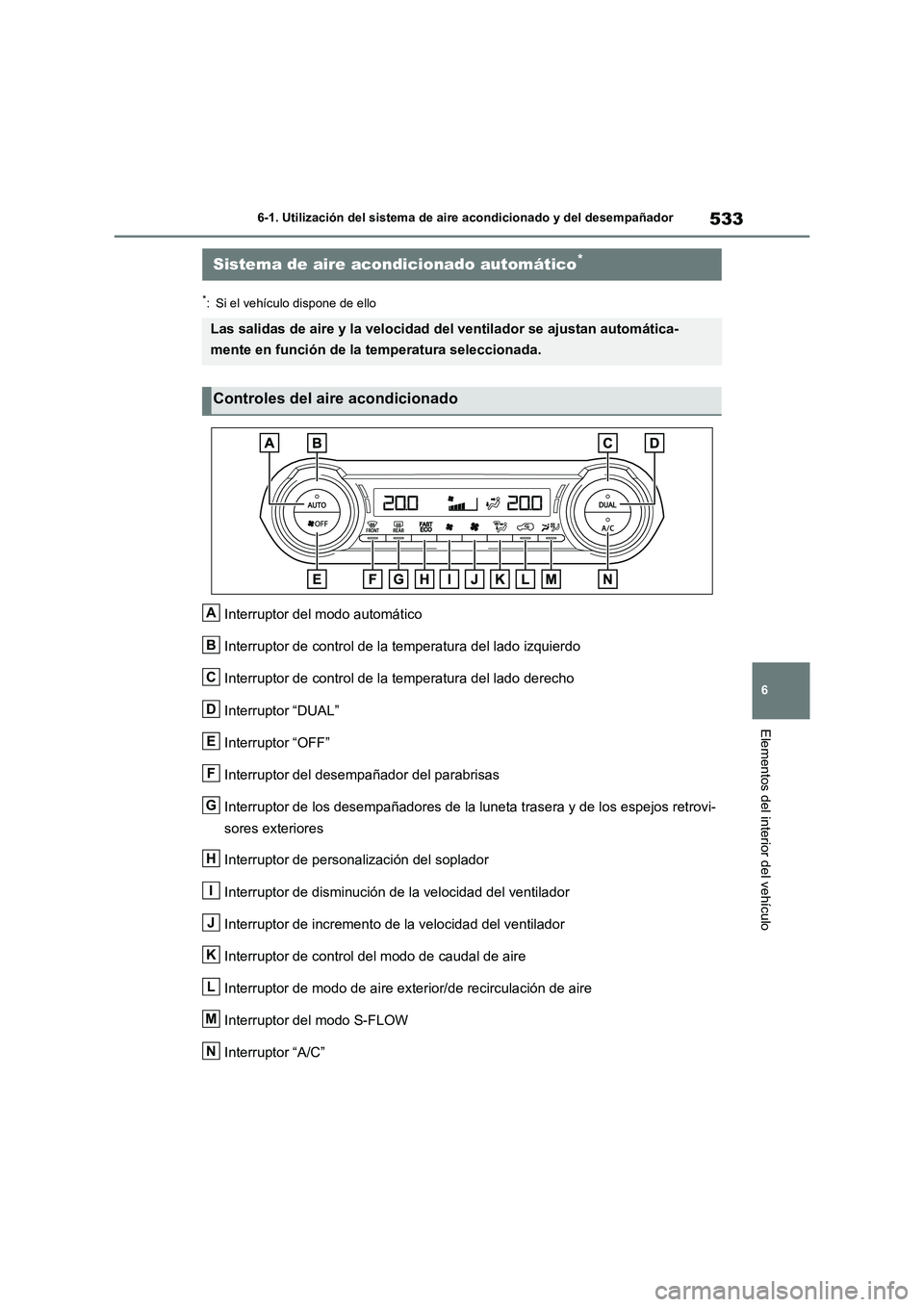 TOYOTA RAV4 2020 Manual del propietario (in Spanish) 533
6
6-1. Utilización del sistema de aire acondicionado y del desempañador
Elementos del interior del vehículo
*: Si el vehículo dispone de ello
Interruptor del modo automático
Interruptor de TOYOTA RAV4 2020 Manual del propietario (in Spanish) 533
6
6-1. Utilización del sistema de aire acondicionado y del desempañador
Elementos del interior del vehículo
*: Si el vehículo dispone de ello
Interruptor del modo automático
Interruptor de