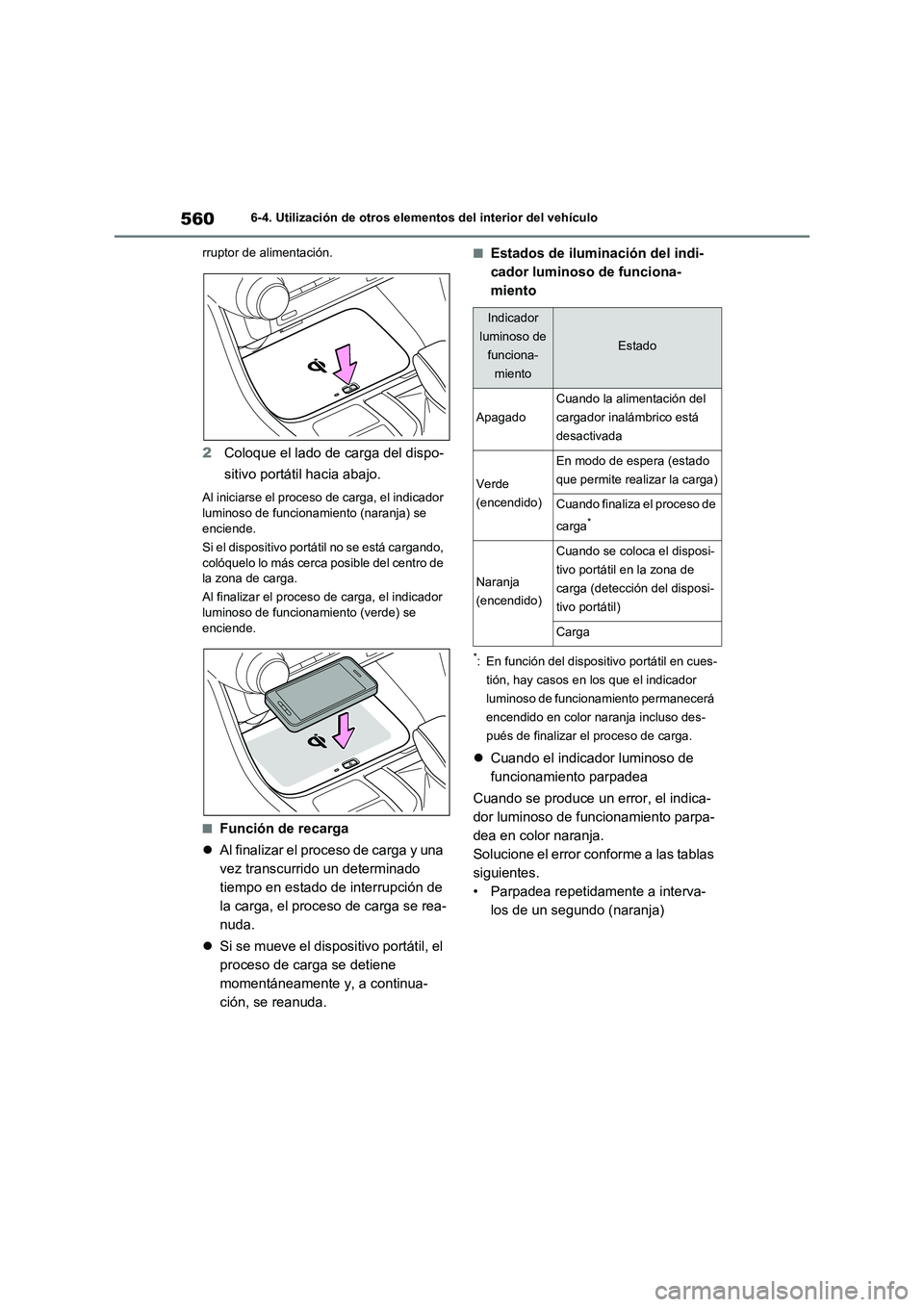 TOYOTA RAV4 2020 Manual del propietario (in Spanish) 5606-4. Utilización de otros elementos del interior del vehículo
rruptor de alimentación.
2Coloque el lado de carga del dispo-
sitivo portátil hacia abajo.
Al iniciarse el proceso de carga, el ind TOYOTA RAV4 2020 Manual del propietario (in Spanish) 5606-4. Utilización de otros elementos del interior del vehículo
rruptor de alimentación.
2Coloque el lado de carga del dispo-
sitivo portátil hacia abajo.
Al iniciarse el proceso de carga, el ind