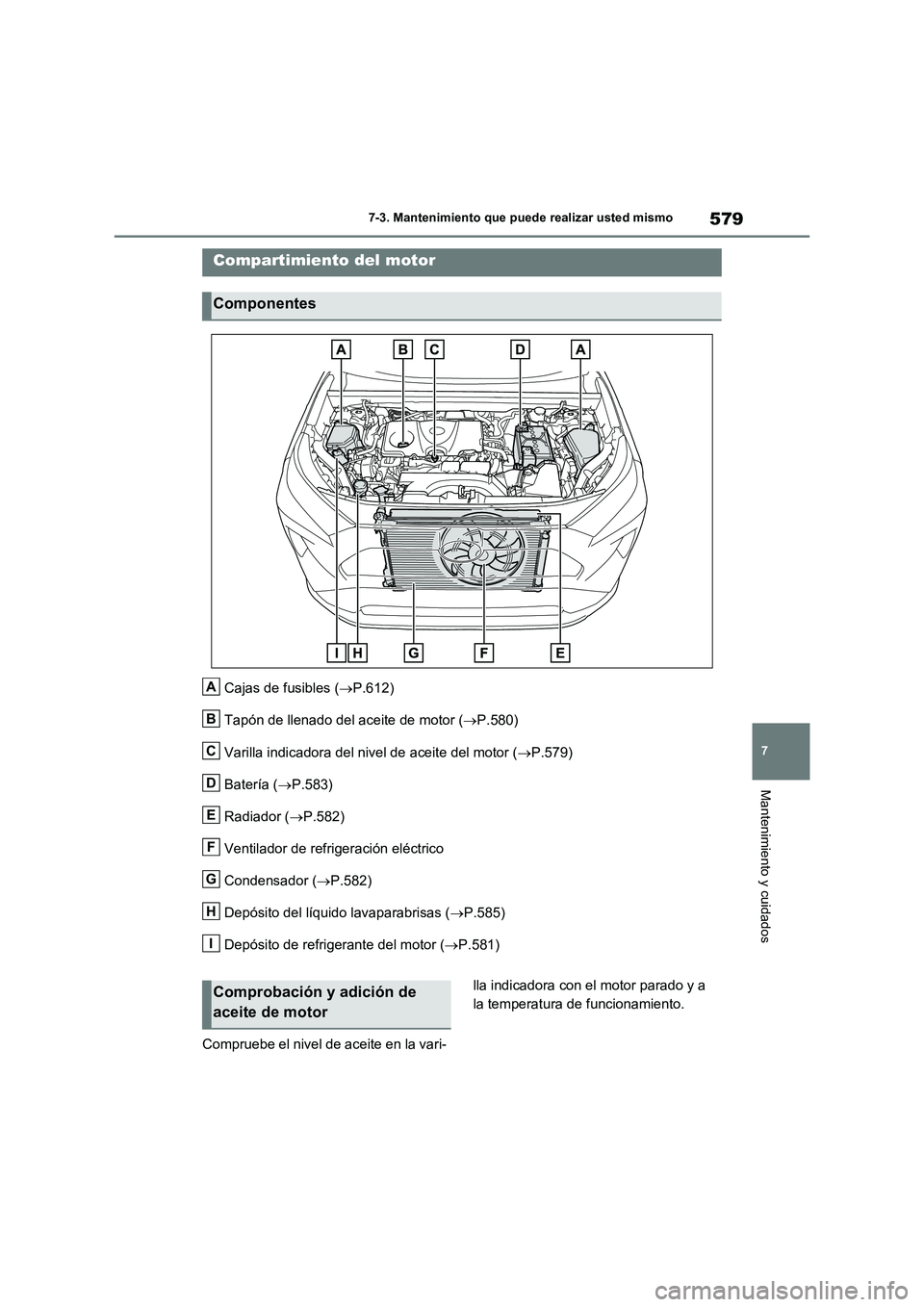 TOYOTA RAV4 2020  Manual del propietario (in Spanish) 579
7 7-3. Mantenimiento que puede realizar usted mismo
Mantenimiento y cuidados
Cajas de fusibles (P.612)
Tapón de llenado del aceite de motor (P.580)
Varilla indicadora del nivel de aceite de
