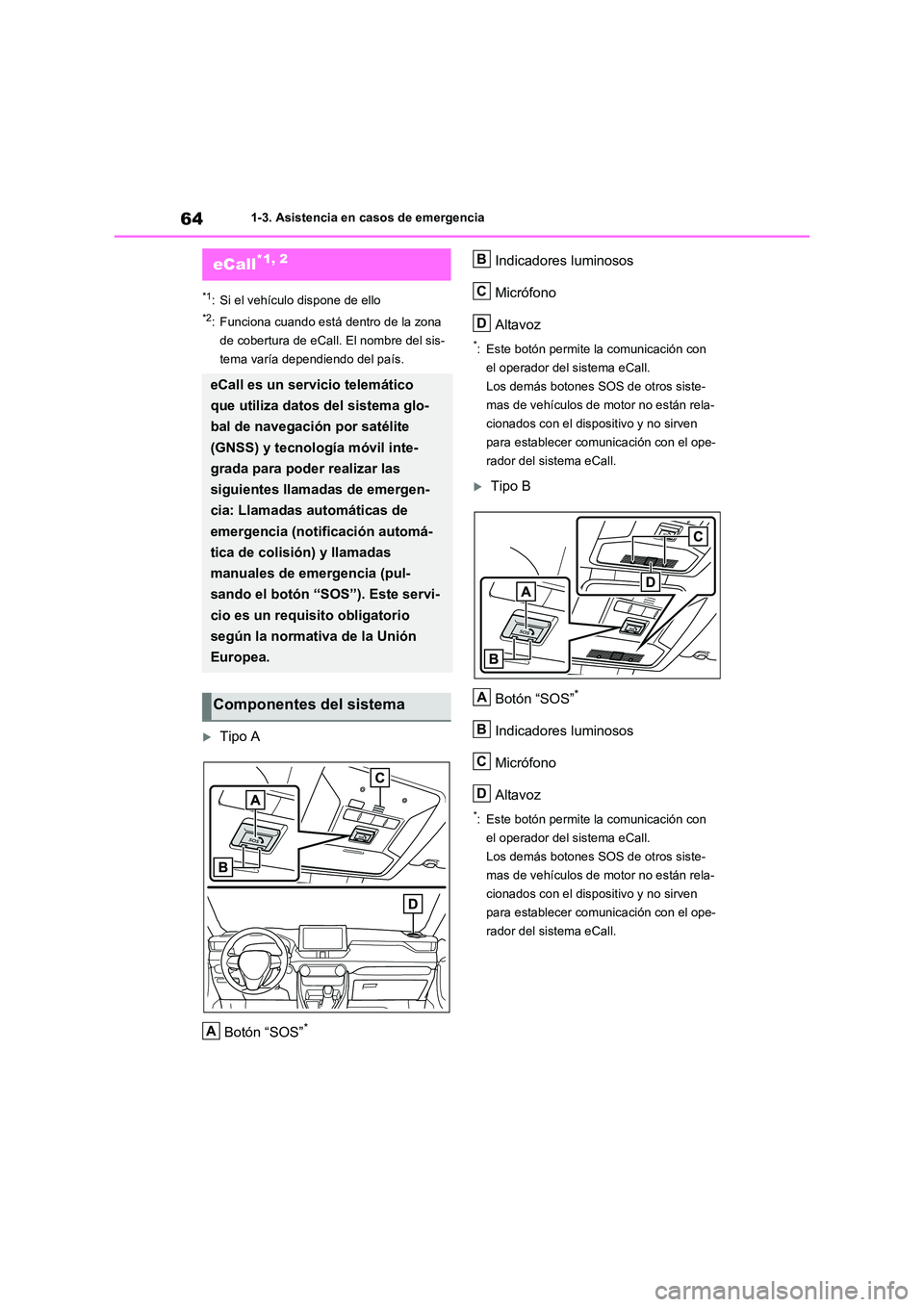 TOYOTA RAV4 2020 Manual del propietario (in Spanish) 641-3. Asistencia en casos de emergencia
1-3.Asistencia en casos de emergencia
*1: Si el vehículo dispone de ello
*2: Funciona cuando está dentro de la zona
de cobertura de eCall. El nombre del si TOYOTA RAV4 2020 Manual del propietario (in Spanish) 641-3. Asistencia en casos de emergencia
1-3.Asistencia en casos de emergencia
*1: Si el vehículo dispone de ello
*2: Funciona cuando está dentro de la zona
de cobertura de eCall. El nombre del si