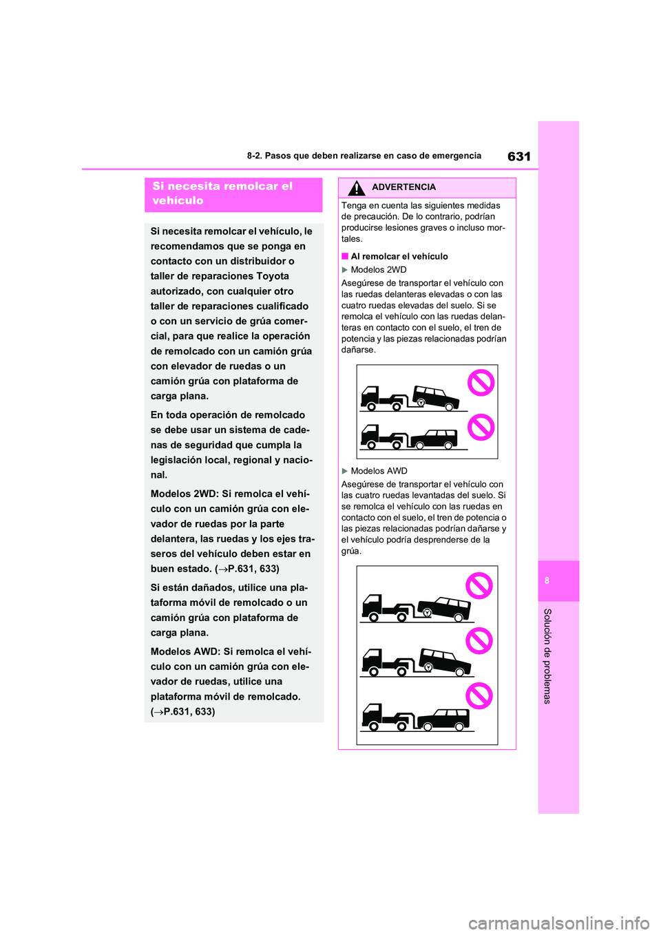 TOYOTA RAV4 2020 Manual del propietario (in Spanish) 631
8
8-2. Pasos que deben realizarse en caso de emergencia
Solución de problemas
8-2.Pasos que deben realizarse en caso de emergenciaSi necesita remolcar el
vehículo
Si necesita remolcar el veh TOYOTA RAV4 2020 Manual del propietario (in Spanish) 631
8
8-2. Pasos que deben realizarse en caso de emergencia
Solución de problemas
8-2.Pasos que deben realizarse en caso de emergenciaSi necesita remolcar el
vehículo
Si necesita remolcar el veh