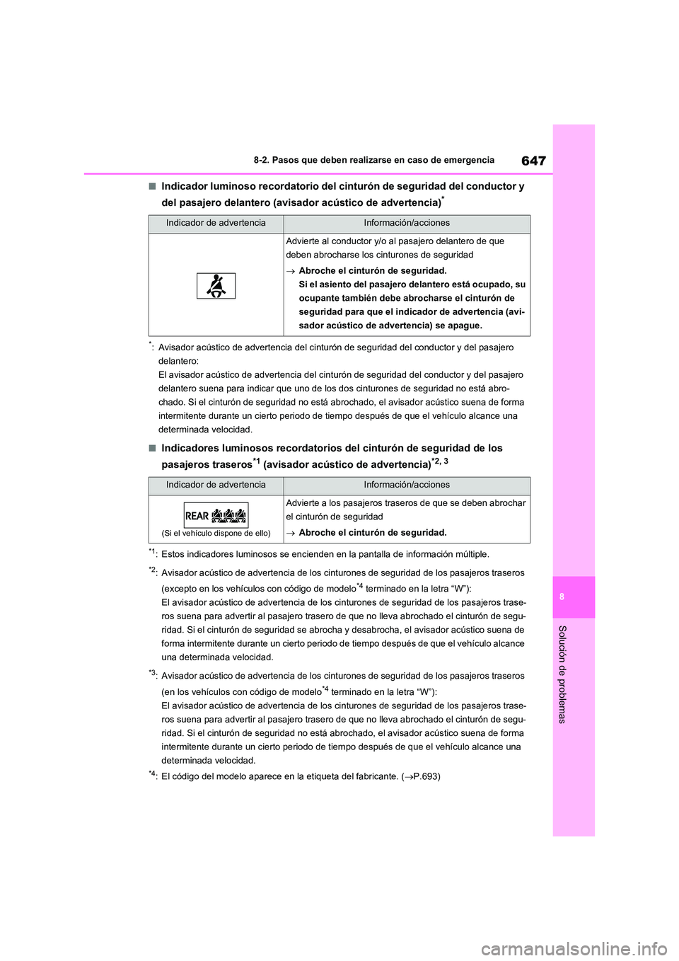 TOYOTA RAV4 2020 Manual del propietario (in Spanish) 647
8
8-2. Pasos que deben realizarse en caso de emergencia
Solución de problemas
■Indicador luminoso recordatorio del cinturón de seguridad del conductor y
del pasajero delantero (avisador ac TOYOTA RAV4 2020 Manual del propietario (in Spanish) 647
8
8-2. Pasos que deben realizarse en caso de emergencia
Solución de problemas
■Indicador luminoso recordatorio del cinturón de seguridad del conductor y
del pasajero delantero (avisador ac