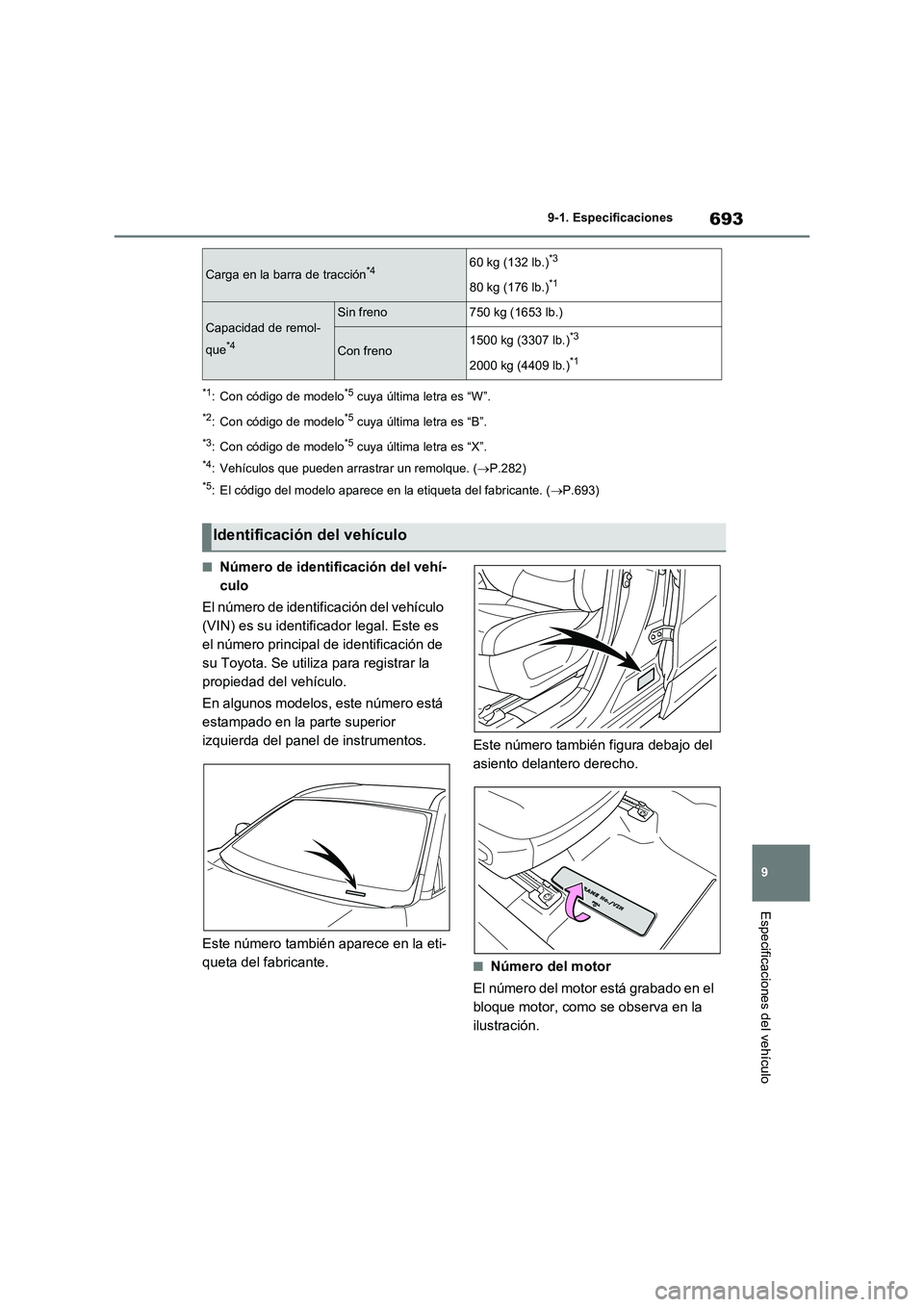 TOYOTA RAV4 2020 Manual del propietario (in Spanish) 693
9
9-1. Especificaciones
Especificaciones del vehículo
*1: Con código de modelo*5 cuya última letra es “W”.
*2: Con código de modelo*5 cuya última letra es “B”.
*3: Con código de mod TOYOTA RAV4 2020 Manual del propietario (in Spanish) 693
9
9-1. Especificaciones
Especificaciones del vehículo
*1: Con código de modelo*5 cuya última letra es “W”.
*2: Con código de modelo*5 cuya última letra es “B”.
*3: Con código de mod