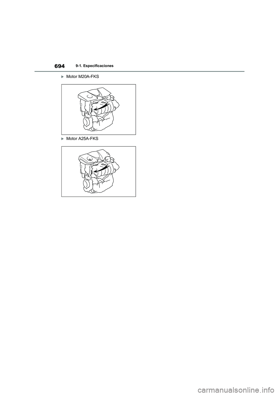 TOYOTA RAV4 2020  Manual del propietario (in Spanish) 6949-1. Especificaciones
Motor M20A-FKS
Motor A25A-FKS 