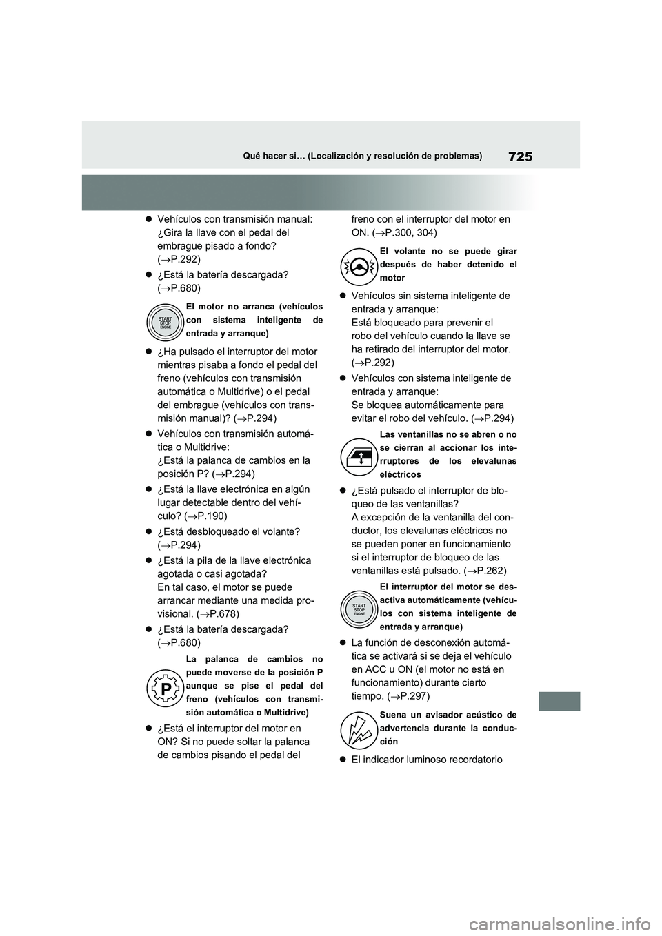 TOYOTA RAV4 2020 Manual del propietario (in Spanish) 725Qué hacer si… (Localización y resolución de problemas)
Vehículos con transmisión manual:
¿Gira la llave con el pedal del
embrague pisado a fondo?
( P.292)
¿Está la batería TOYOTA RAV4 2020 Manual del propietario (in Spanish) 725Qué hacer si… (Localización y resolución de problemas)
Vehículos con transmisión manual:
¿Gira la llave con el pedal del
embrague pisado a fondo?
( P.292)
¿Está la batería