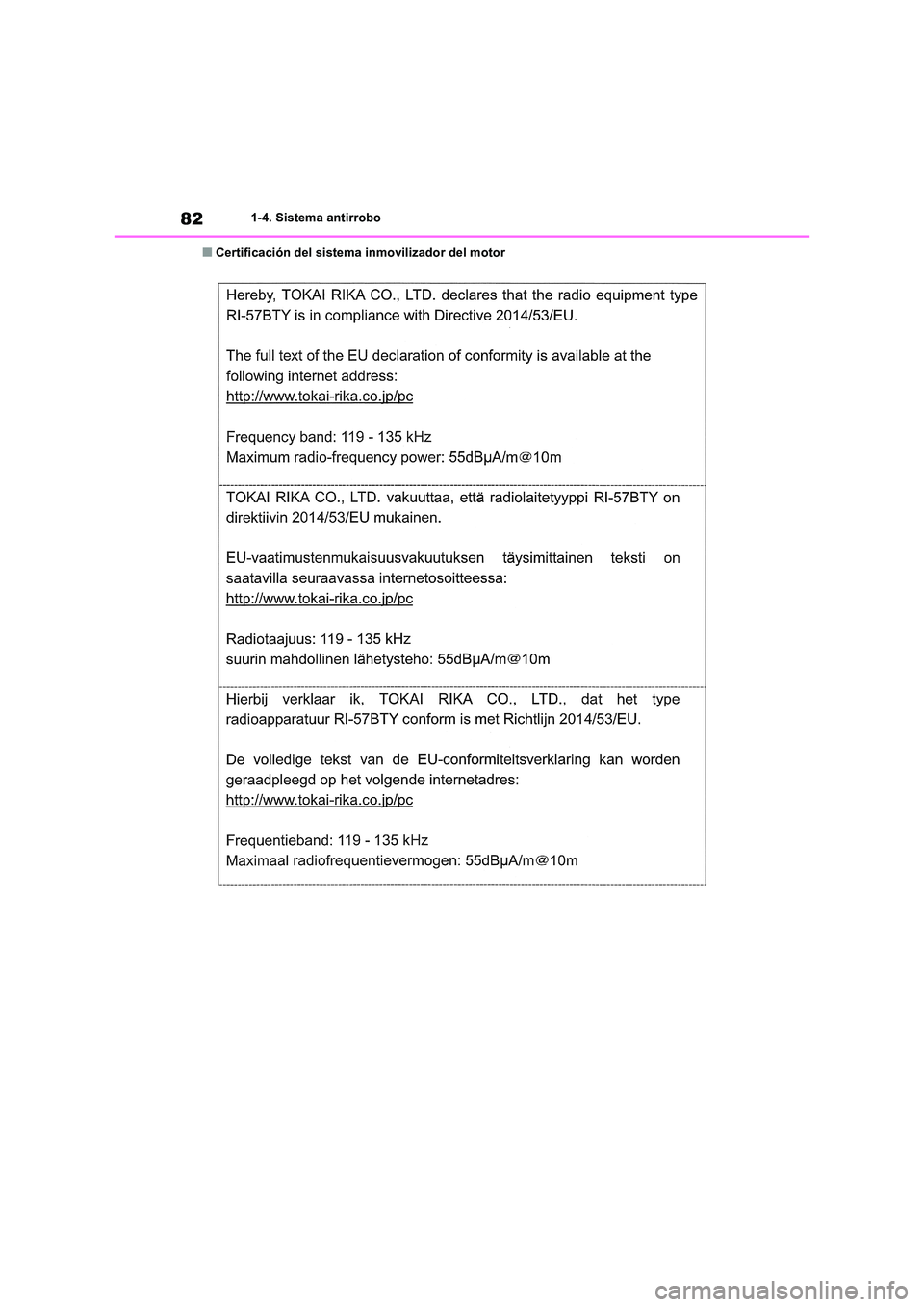 TOYOTA RAV4 2020  Manual del propietario (in Spanish) 821-4. Sistema antirrobo
■Certificación del sistema inmovilizador del motor 
