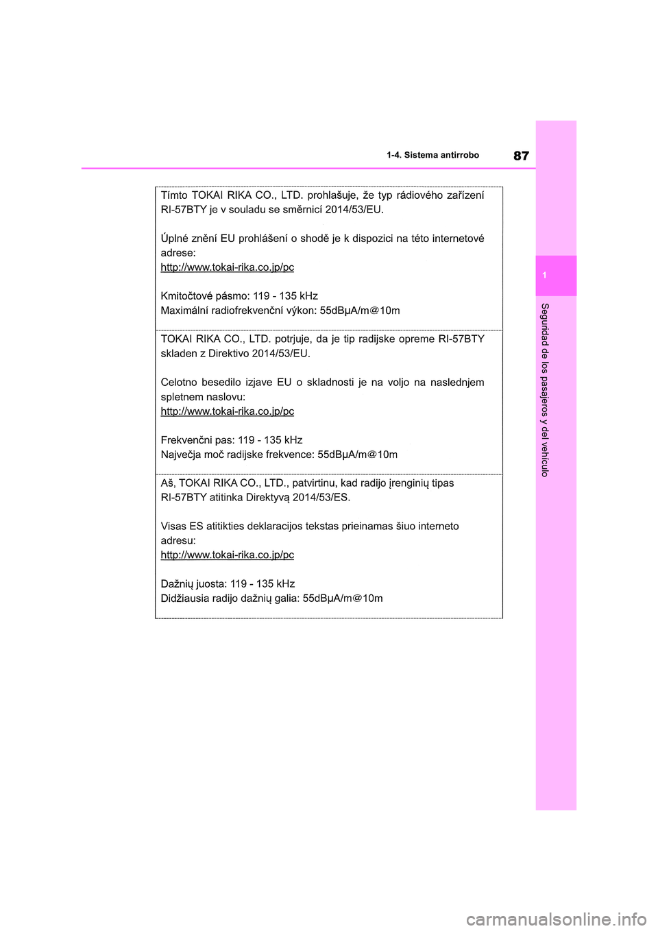 TOYOTA RAV4 2020  Manual del propietario (in Spanish) 87
1 
1-4. Sistema antirrobo
Seguridad de los pasajeros y del vehículo 