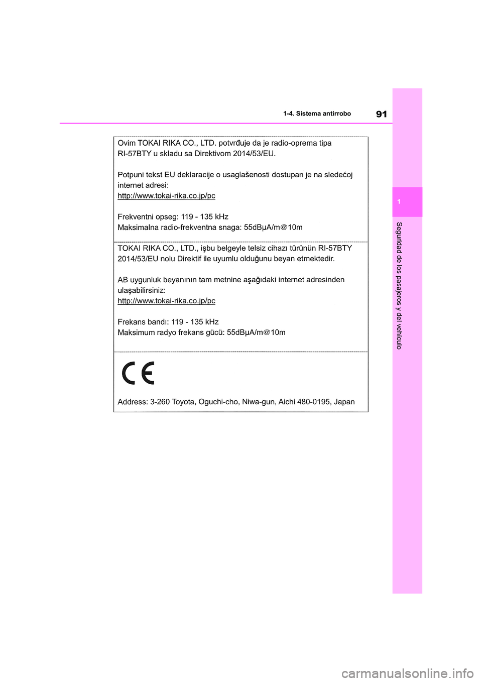 TOYOTA RAV4 2020  Manual del propietario (in Spanish) 91
1 
1-4. Sistema antirrobo
Seguridad de los pasajeros y del vehículo 