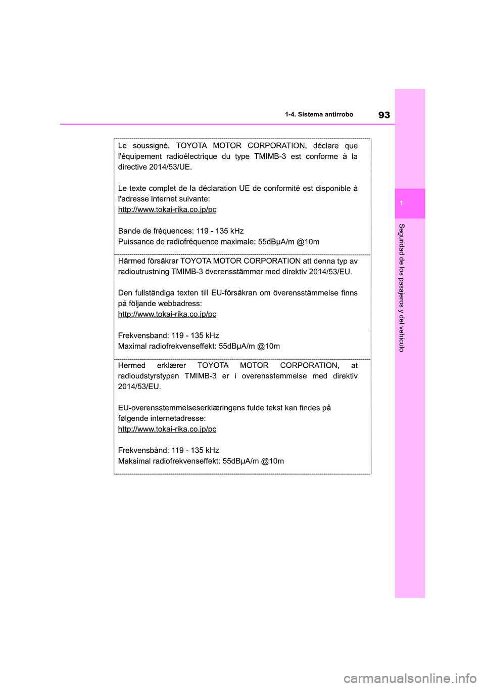 TOYOTA RAV4 2020  Manual del propietario (in Spanish) 93
1 
1-4. Sistema antirrobo
Seguridad de los pasajeros y del vehículo 