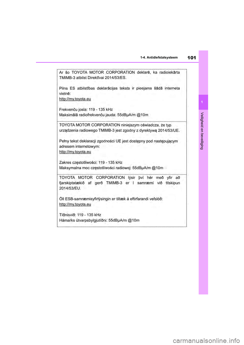 TOYOTA RAV4 2020  Instructieboekje (in Dutch) 101
1
1-4. Antidiefstalsysteem
Veiligheid en beveiliging
pM_RAV4_OM_OM42C76E_(EE).book  P
age 101  Monday, October 7, 2019  3:26 PM 