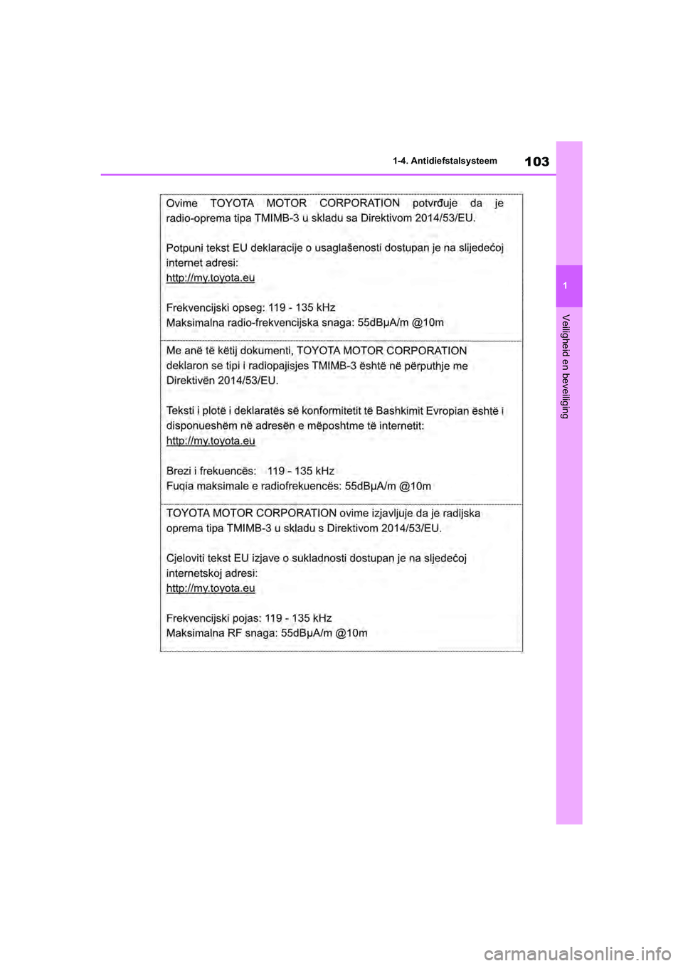 TOYOTA RAV4 2020  Instructieboekje (in Dutch) 103
1
1-4. Antidiefstalsysteem
Veiligheid en beveiliging
pM_RAV4_OM_OM42C76E_(EE).book  P
age 103  Monday, October 7, 2019  3:26 PM 