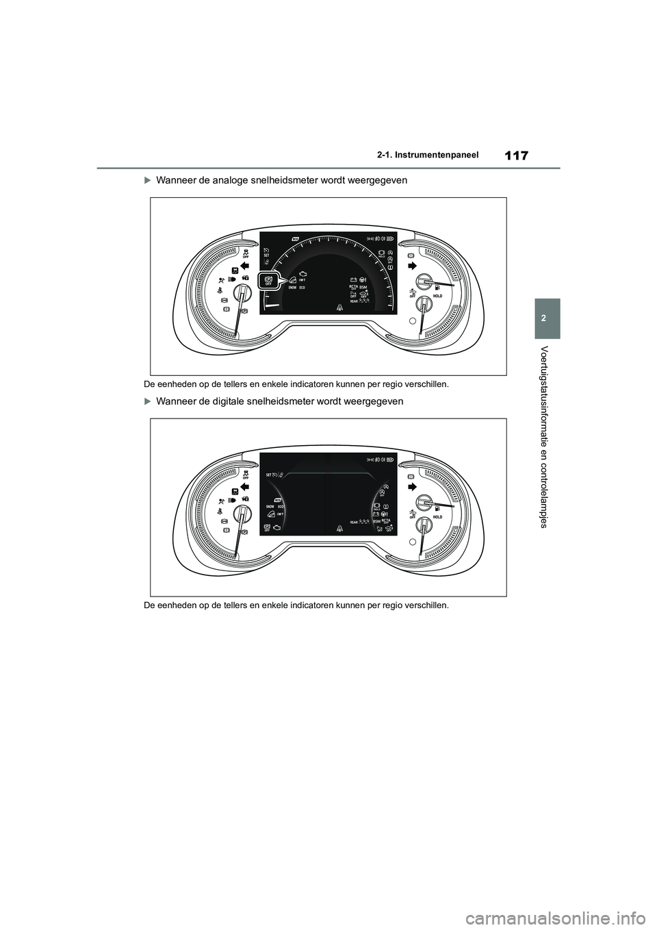 TOYOTA RAV4 2020  Instructieboekje (in Dutch) 117
2
2-1. Instrumentenpaneel
Voertuigstatusinformatie en controlelampjes
Wanneer de analoge snelheidsmeter wordt weergegeven
De eenheden op de tellers en enkele indicatoren kunnen per regi
o versc