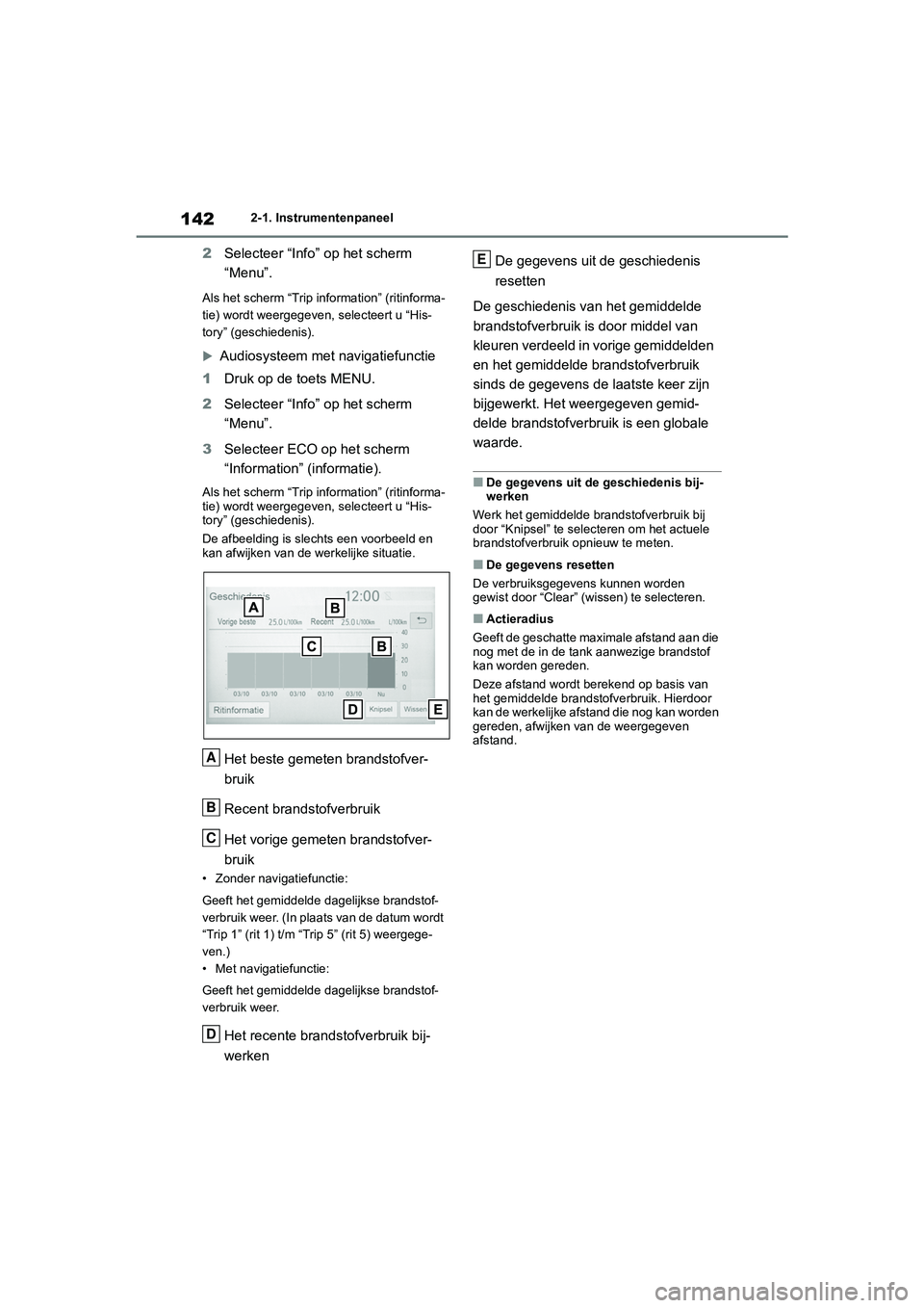 TOYOTA RAV4 2020 Instructieboekje (in Dutch) 1422-1. Instrumentenpaneel
2Selecteer “Info” op het scherm
“Menu”.
Als het scherm “Trip information” (ritinforma-
tie) wordt weergegeven, selecteert u “His-
tory” (geschiedenis).
TOYOTA RAV4 2020 Instructieboekje (in Dutch) 1422-1. Instrumentenpaneel
2Selecteer “Info” op het scherm
“Menu”.
Als het scherm “Trip information” (ritinforma-
tie) wordt weergegeven, selecteert u “His-
tory” (geschiedenis).
