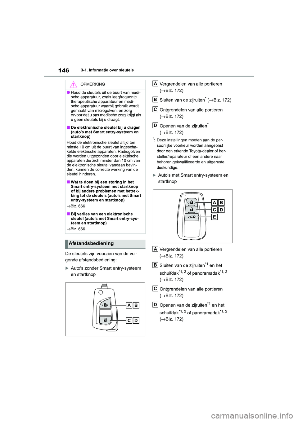 TOYOTA RAV4 2020 Instructieboekje (in Dutch) 1463-1. Informatie over sleutels
De sleutels zijn voorzien van de vol-
gende afstandsbediening:
Auto's zonder Smart entry-systeem
en startknopVergrendelen van alle portieren
(Blz. 172)
Slu TOYOTA RAV4 2020 Instructieboekje (in Dutch) 1463-1. Informatie over sleutels
De sleutels zijn voorzien van de vol-
gende afstandsbediening:
Auto's zonder Smart entry-systeem
en startknopVergrendelen van alle portieren
(Blz. 172)
Slu