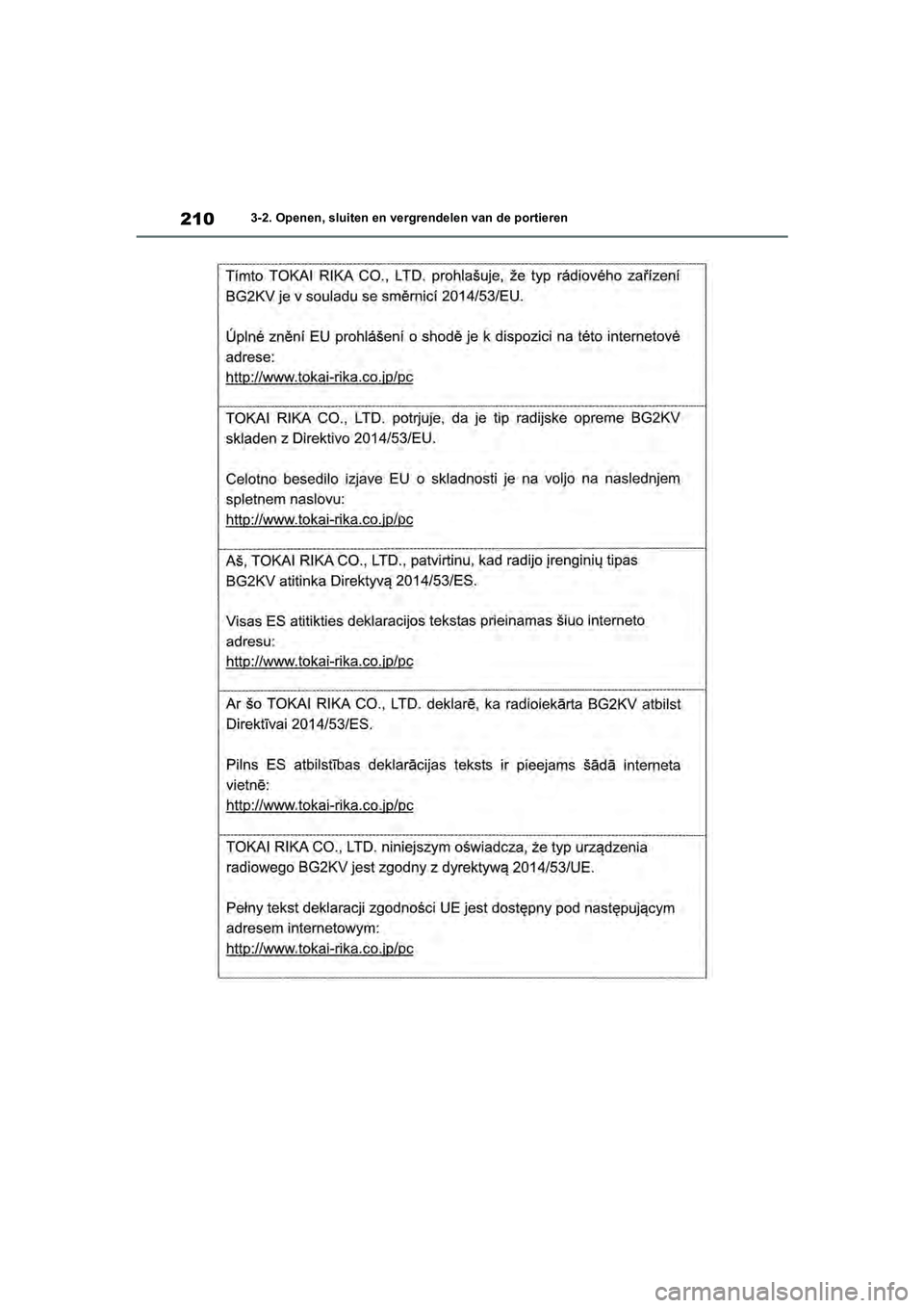 TOYOTA RAV4 2020  Instructieboekje (in Dutch) 2103-2. Openen, sluiten en vergrendelen van de portieren
pM_RAV4_OM_OM42C76E_(EE).book  Page 210  Monday, October 7, 2019  3:26 PM 