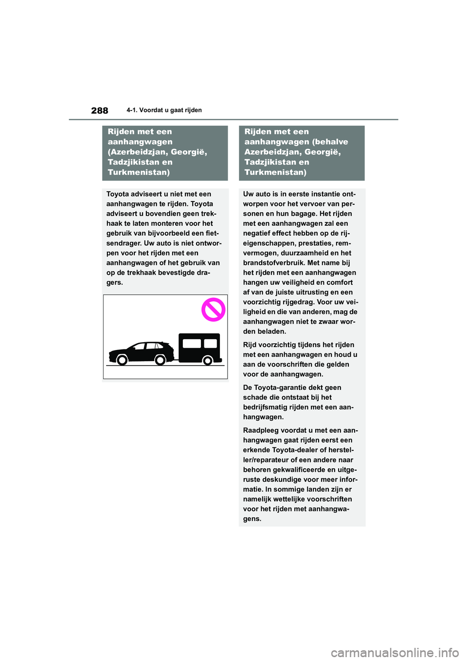 TOYOTA RAV4 2020 Instructieboekje (in Dutch) 2884-1. Voordat u gaat rijden
Rijden met een
aanhangwagen
(Azerbeidzjan, Georgië,
Tadzjikistan en
Turkmenistan)
Toyota adviseert u niet met een
aanhangwagen te rijden. Toyota
adviseert u bovend TOYOTA RAV4 2020 Instructieboekje (in Dutch) 2884-1. Voordat u gaat rijden
Rijden met een
aanhangwagen
(Azerbeidzjan, Georgië,
Tadzjikistan en
Turkmenistan)
Toyota adviseert u niet met een
aanhangwagen te rijden. Toyota
adviseert u bovend
