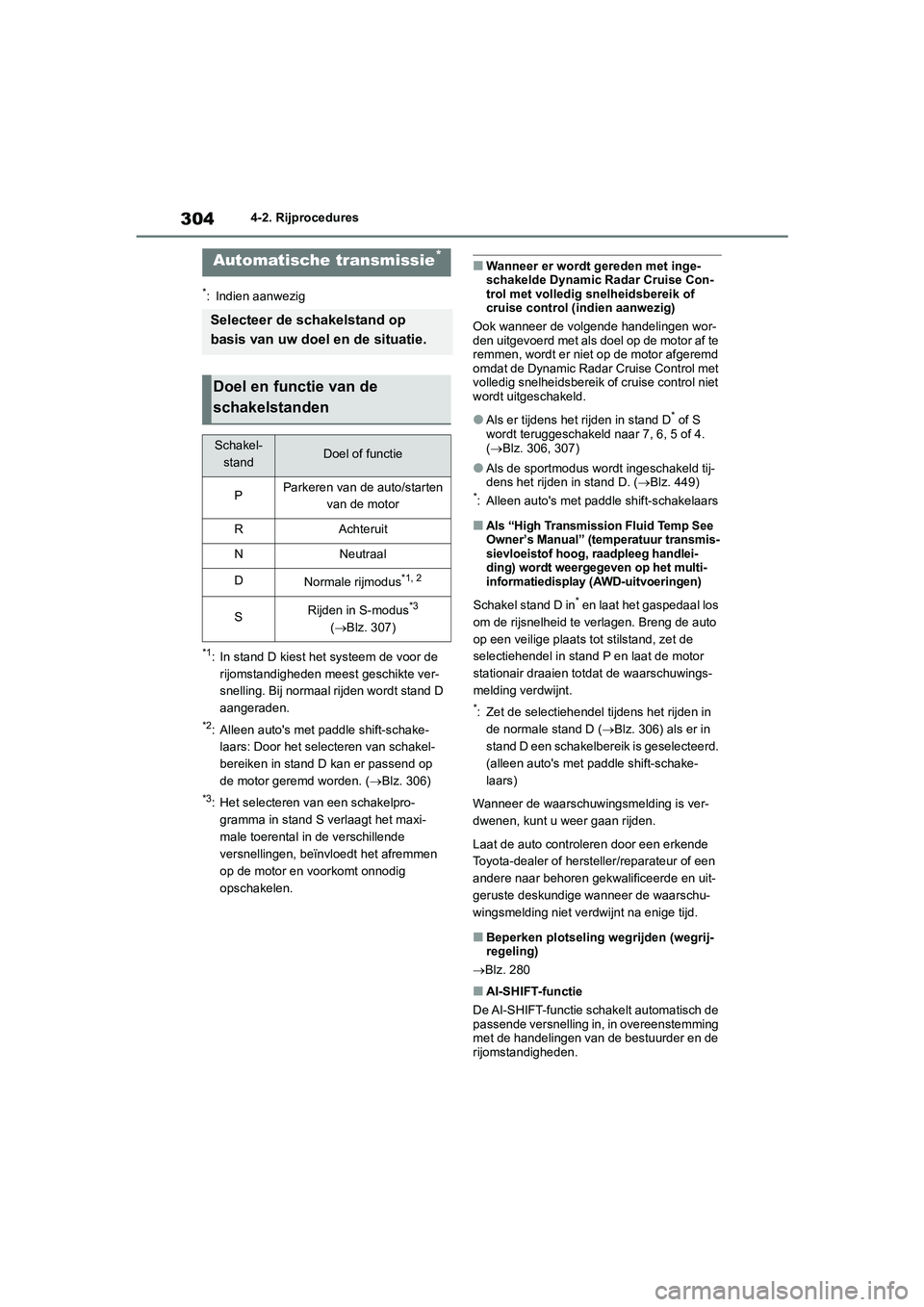 TOYOTA RAV4 2020 Instructieboekje (in Dutch) 3044-2. Rijprocedures
*: Indien aanwezig
*1: In stand D kiest het systeem de voor de rijomstandigheden meest geschikte ver-
snelling. Bij normaal rijden wordt stand D
aangeraden.
*2: Alleen auto' TOYOTA RAV4 2020 Instructieboekje (in Dutch) 3044-2. Rijprocedures
*: Indien aanwezig
*1: In stand D kiest het systeem de voor de rijomstandigheden meest geschikte ver-
snelling. Bij normaal rijden wordt stand D
aangeraden.
*2: Alleen auto'