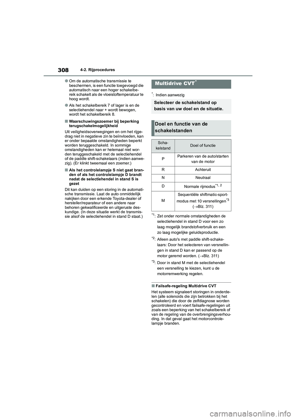 TOYOTA RAV4 2020 Instructieboekje (in Dutch) 3084-2. Rijprocedures
●Om de automatische transmissie te
beschermen, is een functie toegevoegd die
automatisch naar een hoger schakelbe-
reik schakelt als de vloeistoftemperatuur te
hoog wordt.
TOYOTA RAV4 2020 Instructieboekje (in Dutch) 3084-2. Rijprocedures
●Om de automatische transmissie te
beschermen, is een functie toegevoegd die
automatisch naar een hoger schakelbe-
reik schakelt als de vloeistoftemperatuur te
hoog wordt.