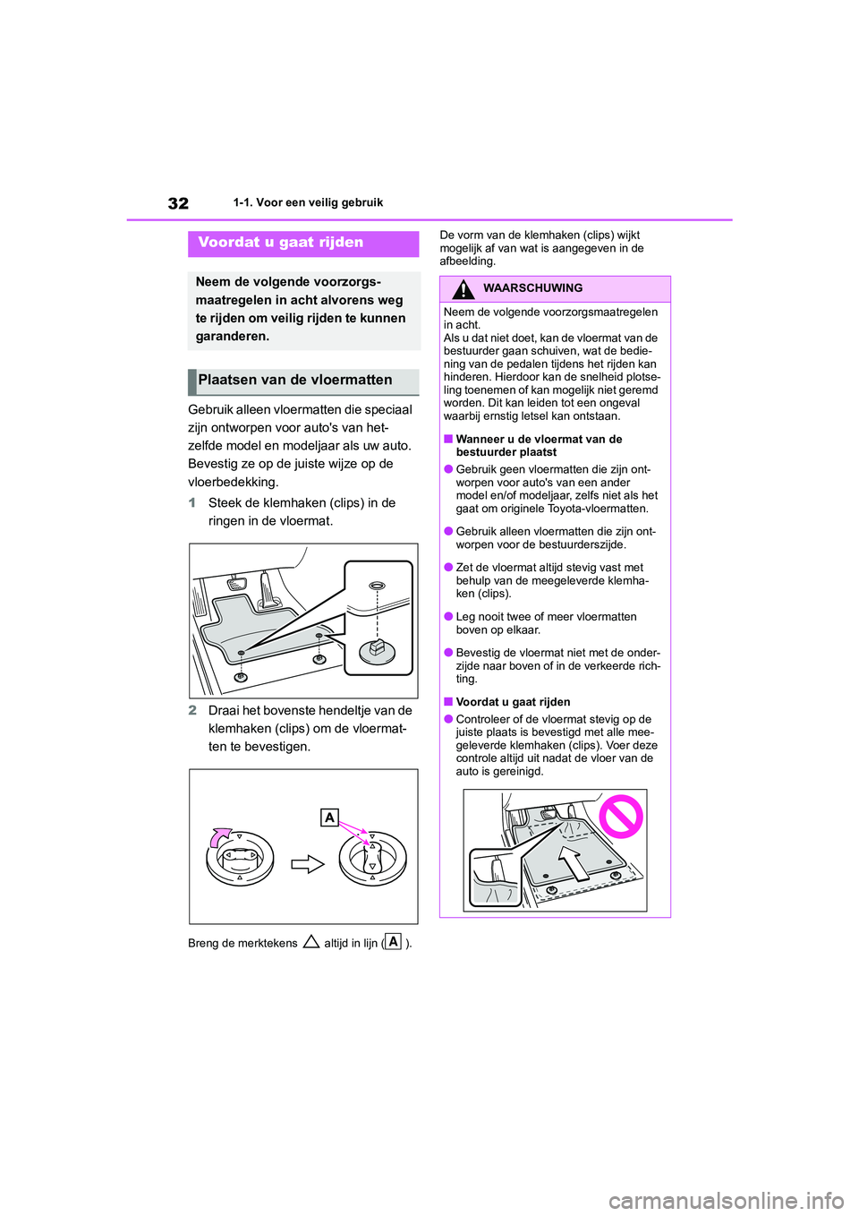 TOYOTA RAV4 2020  Instructieboekje (in Dutch) 321-1. Voor een veilig gebruik
1-1.Voor een veilig gebruik
Gebruik alleen vloermatten die speciaal 
zijn ontworpen voor auto's van het-
zelfde model en modeljaar als uw auto. 
Bevestig ze op de ju