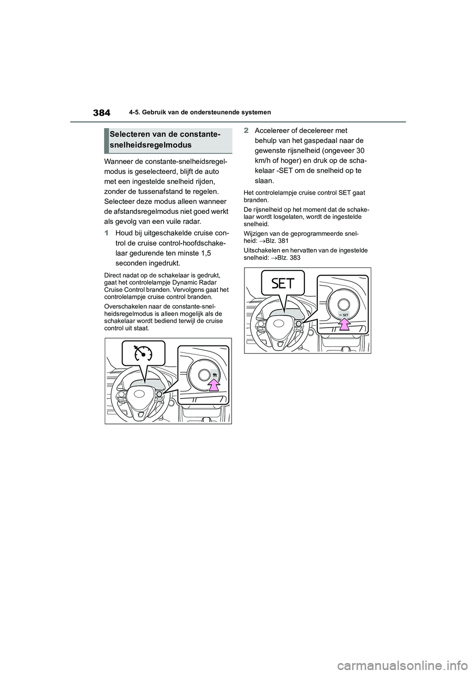 TOYOTA RAV4 2020  Instructieboekje (in Dutch) 3844-5. Gebruik van de ondersteunende systemen
Wanneer de constante-snelheidsregel-
modus is geselecteerd, blijft de auto 
met een ingestelde snelheid rijden, 
zonder de tussenafstand te regelen. 
Sel
